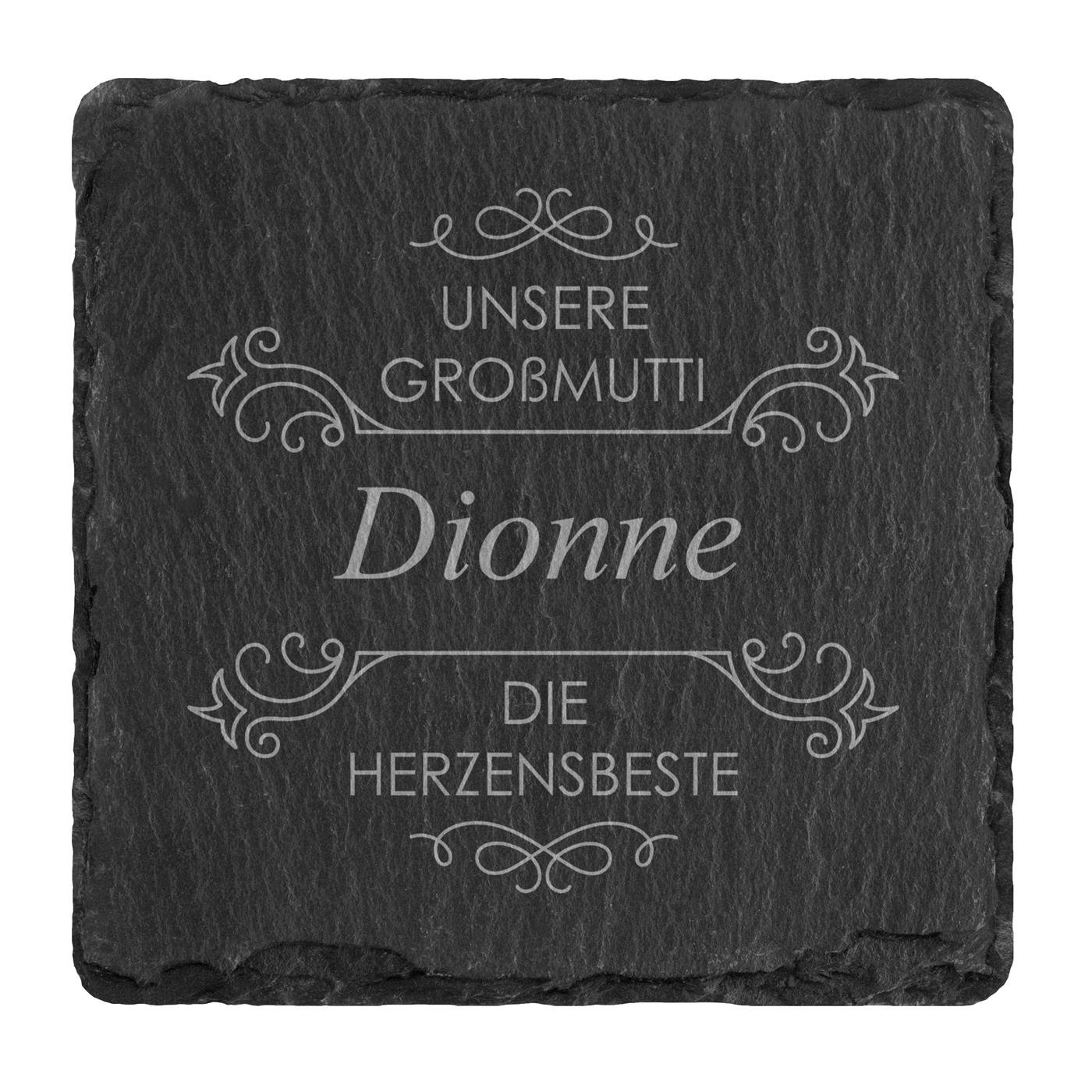 4er Schiefer Untersetzer-Set mit Metallständer und Gravur für Ihre Großmutti