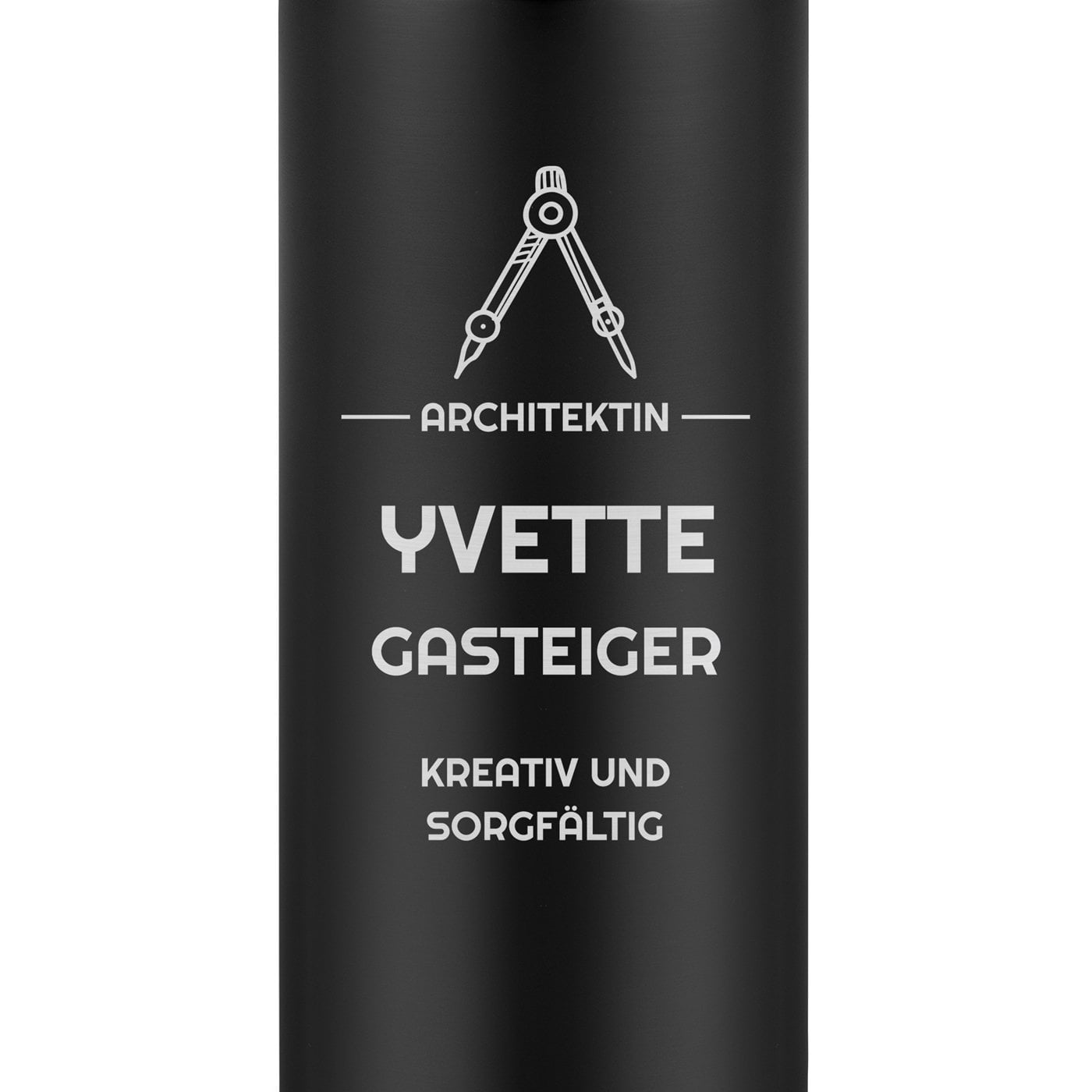 Schwarzer Reisebecher mit Gravur und LED-Touch-Anzeige für eine Architektin