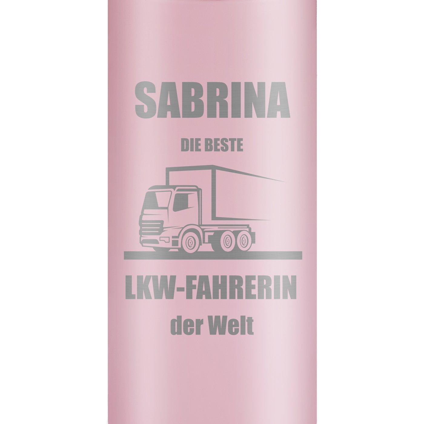 Rosa Reisebecher mit Gravur und LED-Touch-Anzeige für eine Berufskraftfahrerin