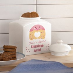 Weiße Keramikdose mit Aufdruck für ein Paar zur Hochzeit zum Hochzeitstag zum Einzug Donut