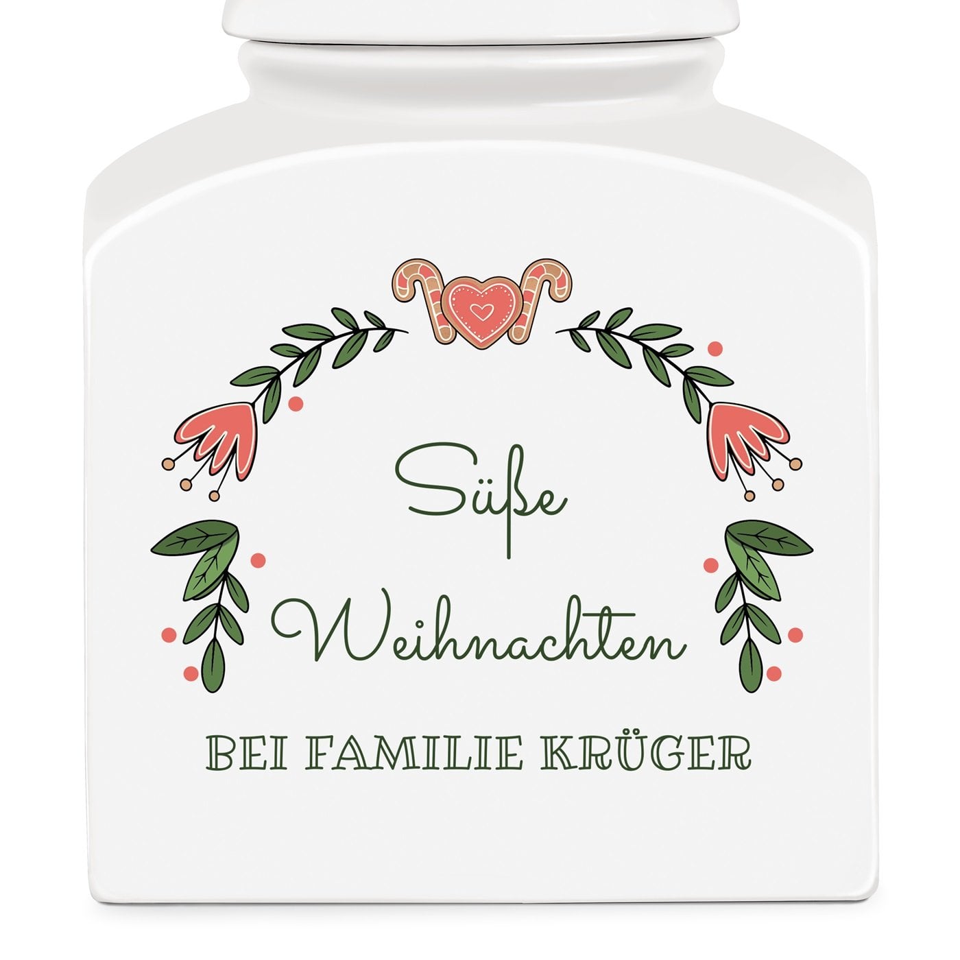 Weiße Keramikdose mit Aufdruck für ein Paar eine Familie zum Weihnachtsfest