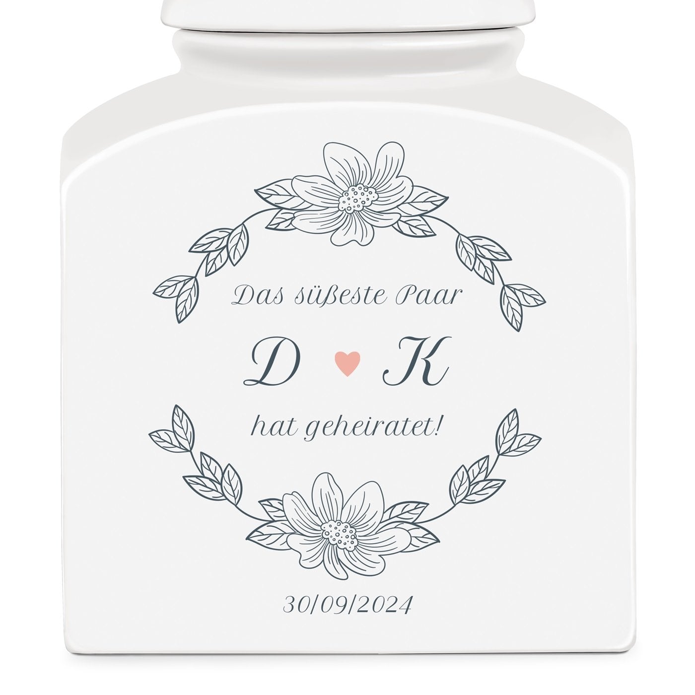 Weiße Keramikdose mit Aufdruck für ein Brautpaar zur Hochzeit Monochrom