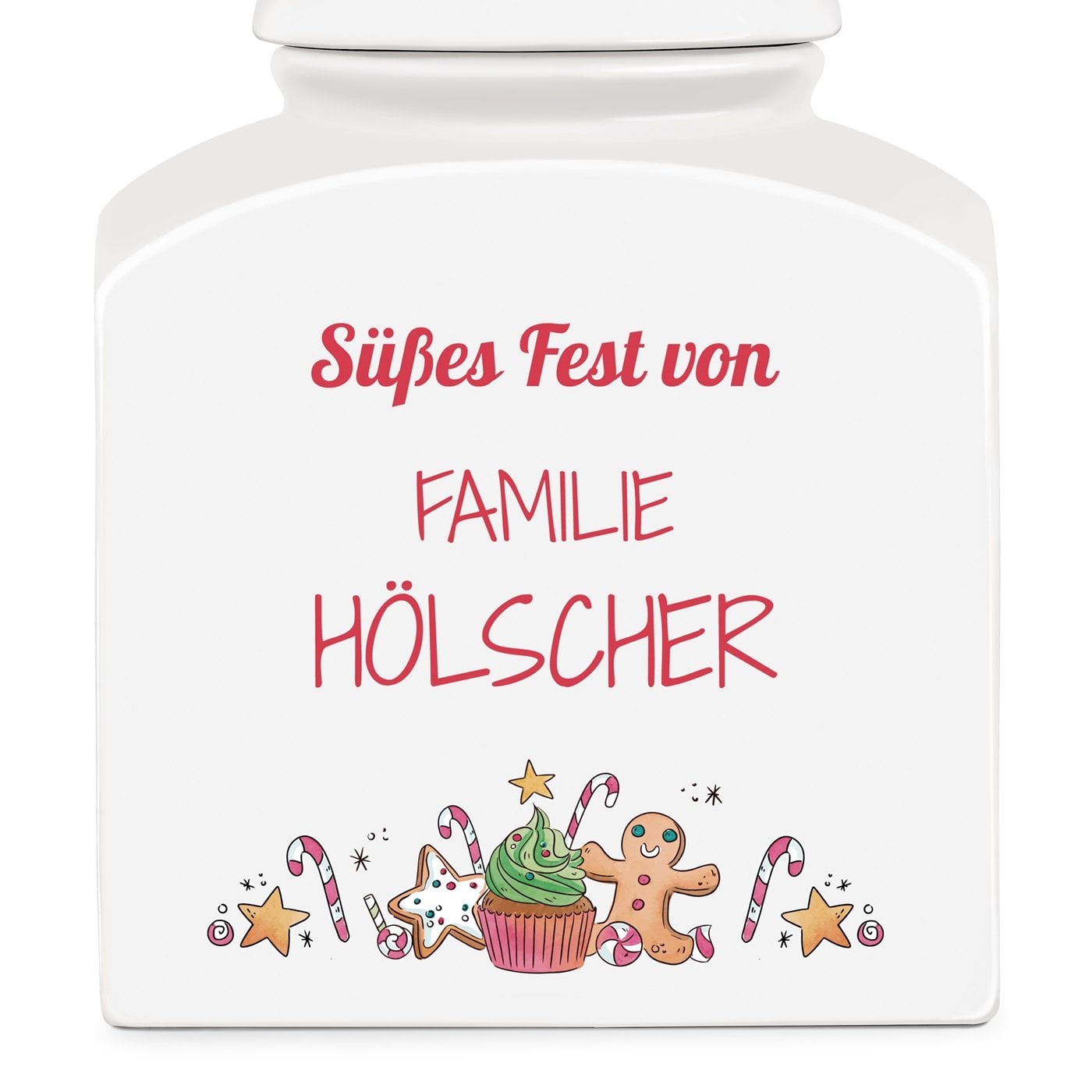 Weiße Keramikdose mit Aufdruck für ein Paar eine Familie zur Weihnachtszeit