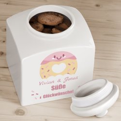 Weiße Keramikdose mit Aufdruck für ein Paar zur Hochzeit zum Hochzeitstag zum Einzug Donut