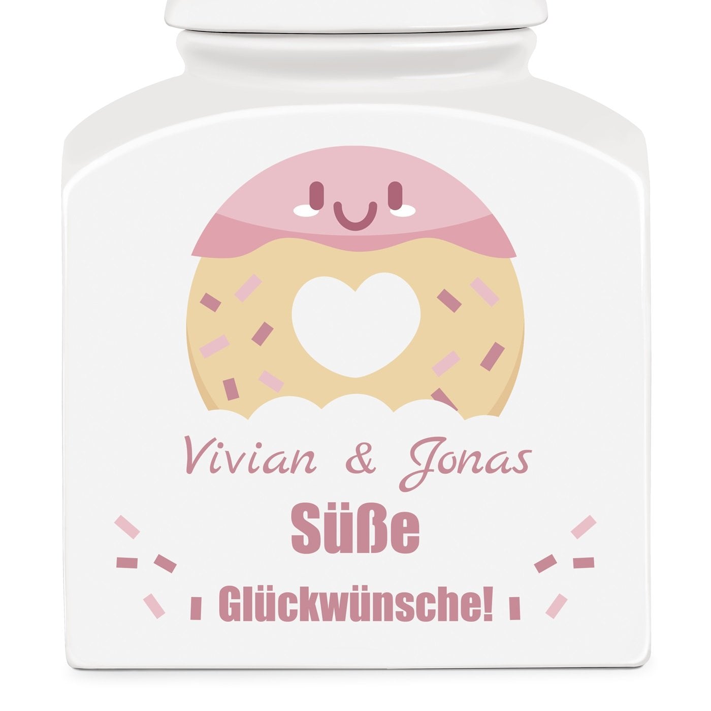 Weiße Keramikdose mit Aufdruck für ein Paar zur Hochzeit zum Hochzeitstag zum Einzug Donut