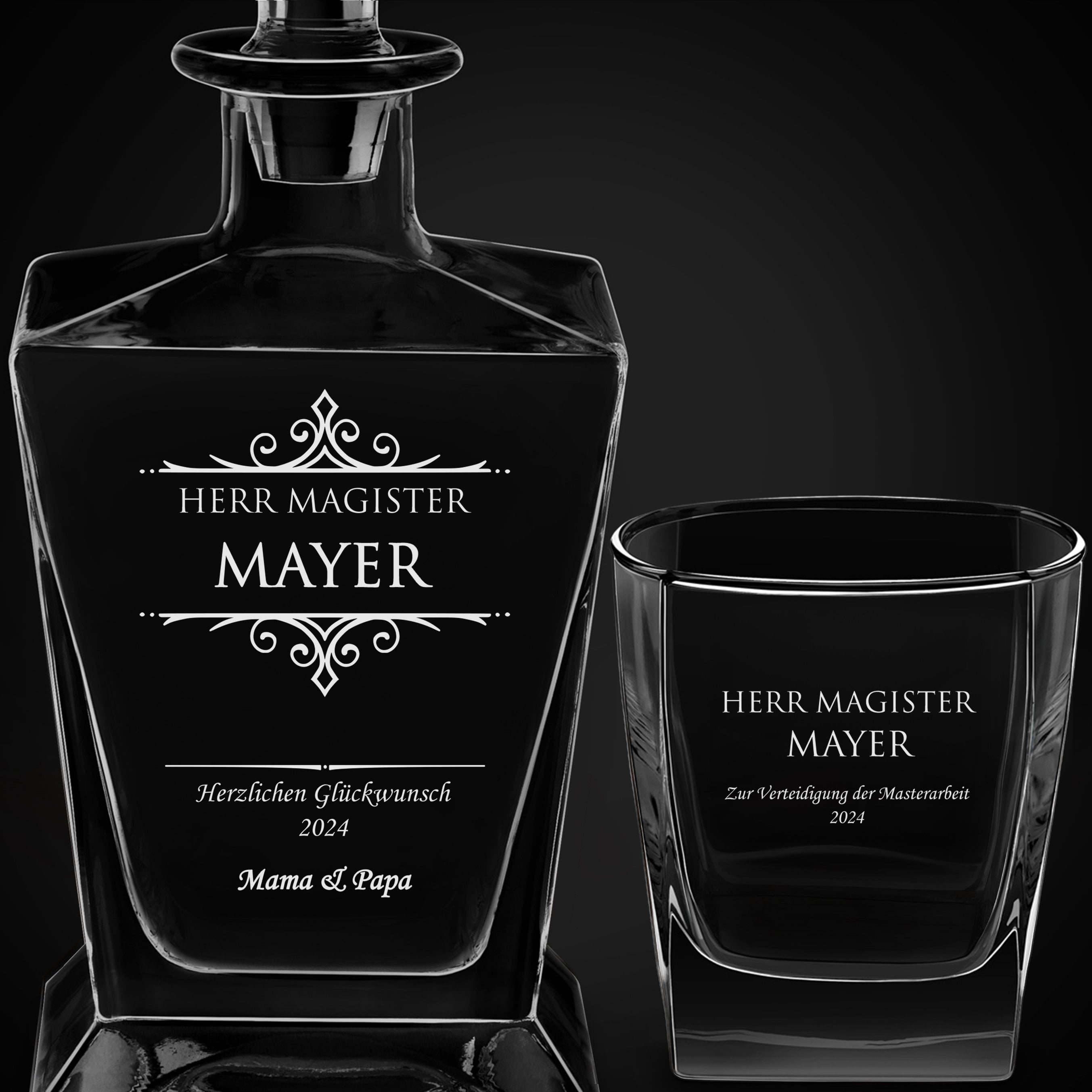 Pyramid Whisky Karaffe mit 6 Gläsern und Gravur für einen Magister