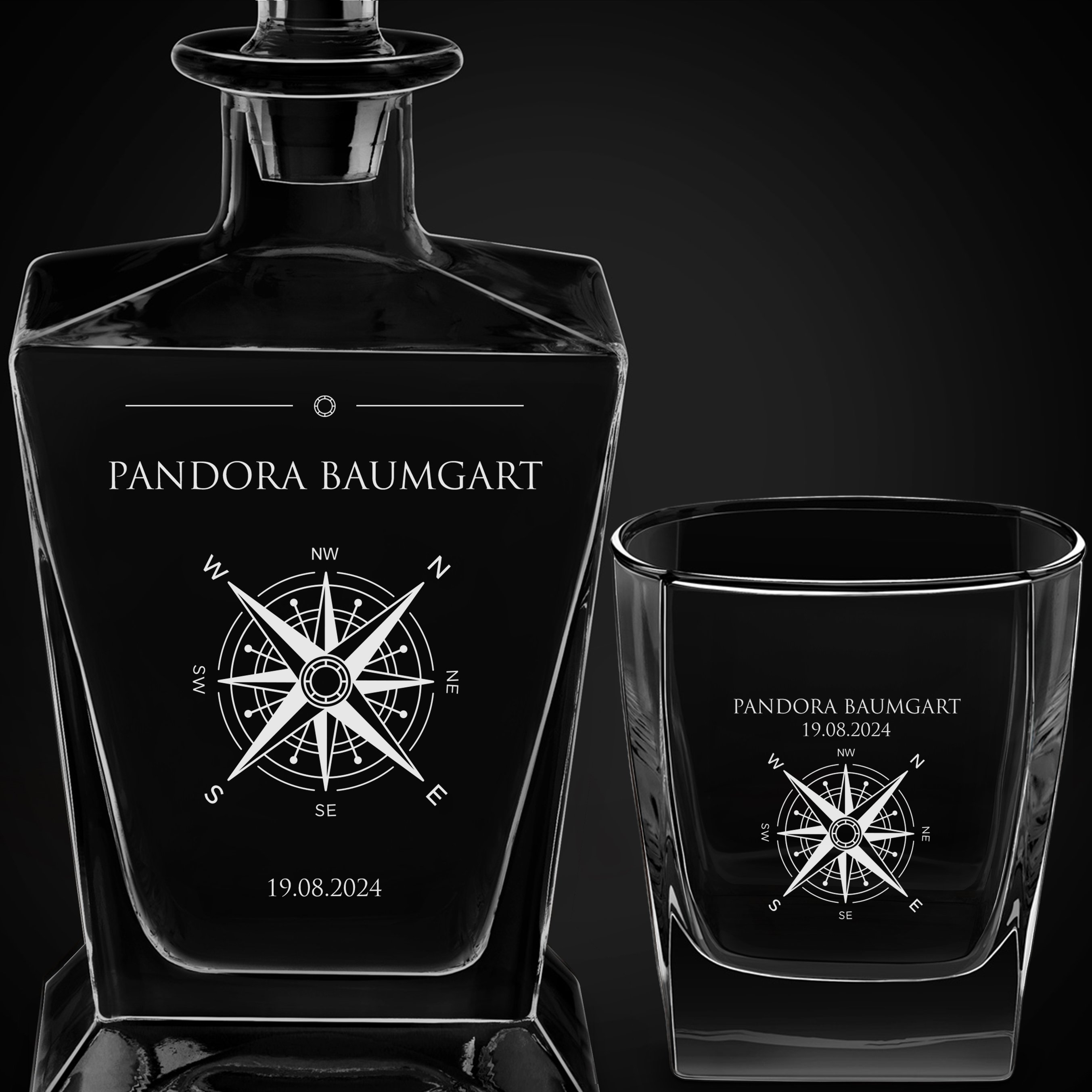 Pyramid Whisky Karaffe mit 6 Gläsern und Gravur für eine Weltenbummlerin zum Geburtstag
