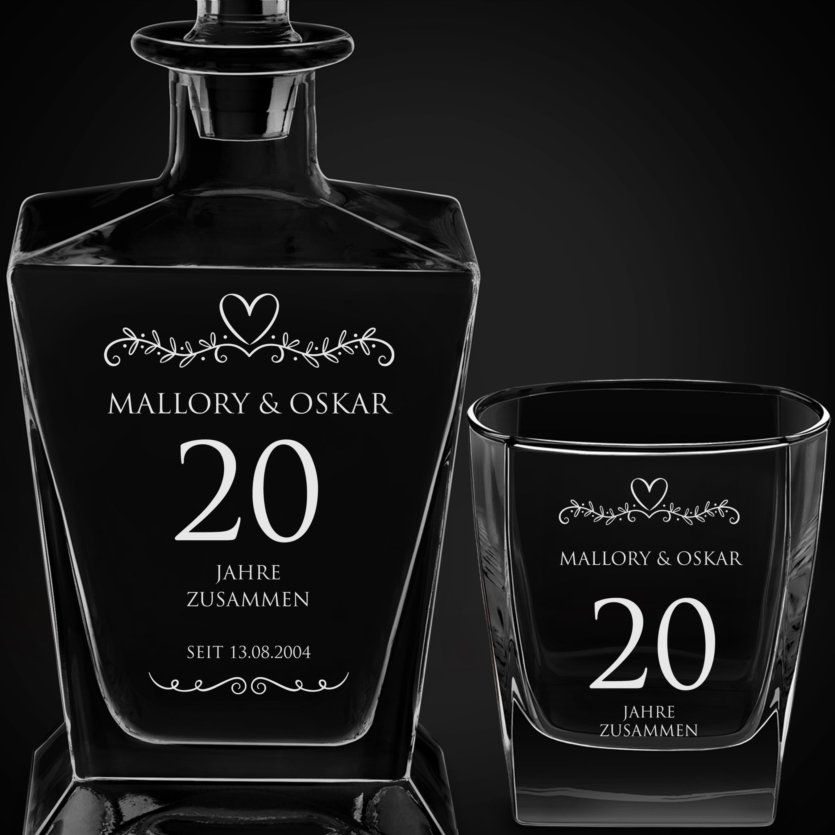 Pyramid Whisky Karaffe mit 6 Gläsern und Gravur für ein Ehepaar zum 20. Hochzeitstag