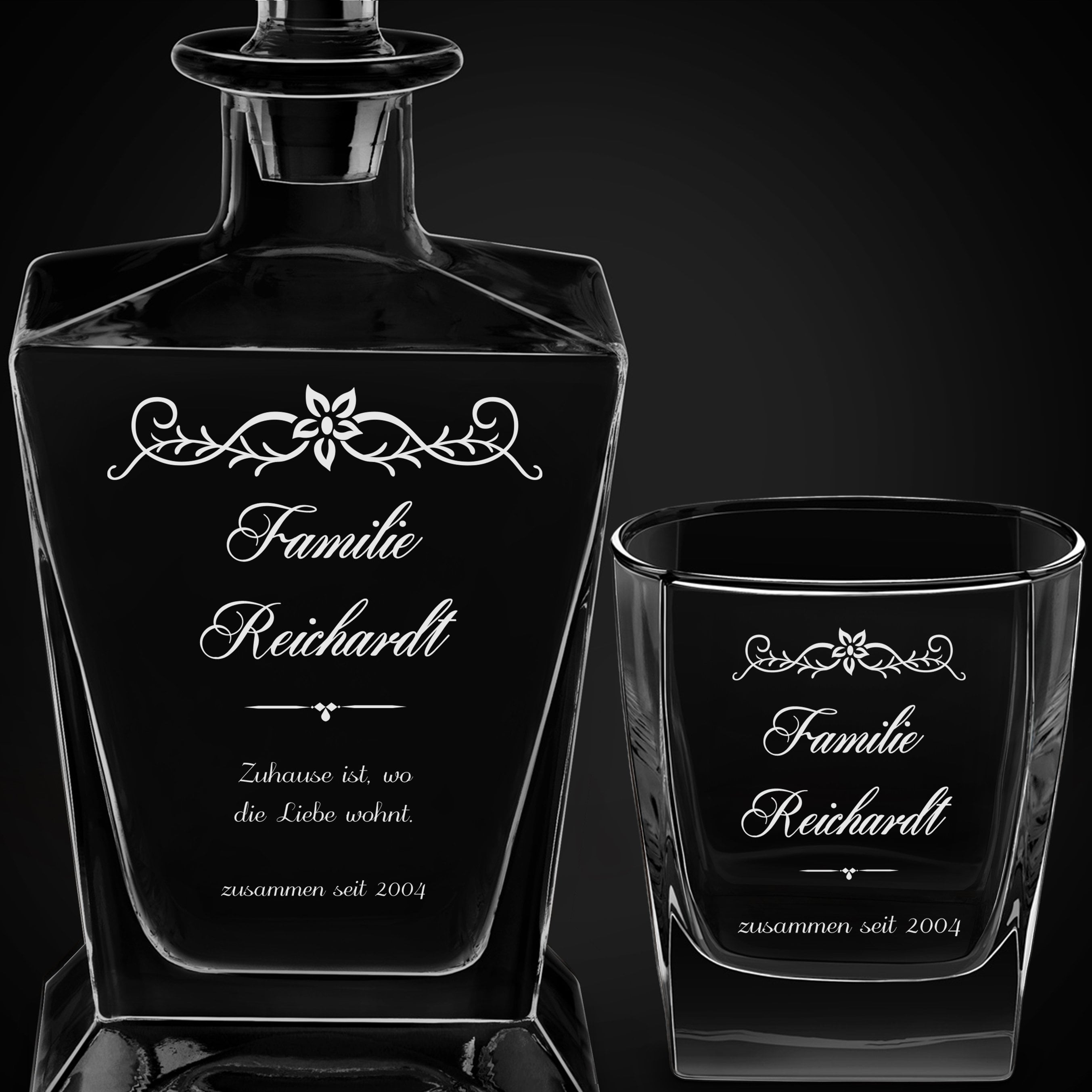 Pyramid Whisky Karaffe mit 6 Gläsern und Gravur für ein Paar zur Hochzeit, Einweihungsparty, zum Hochzeitsjubiläum
