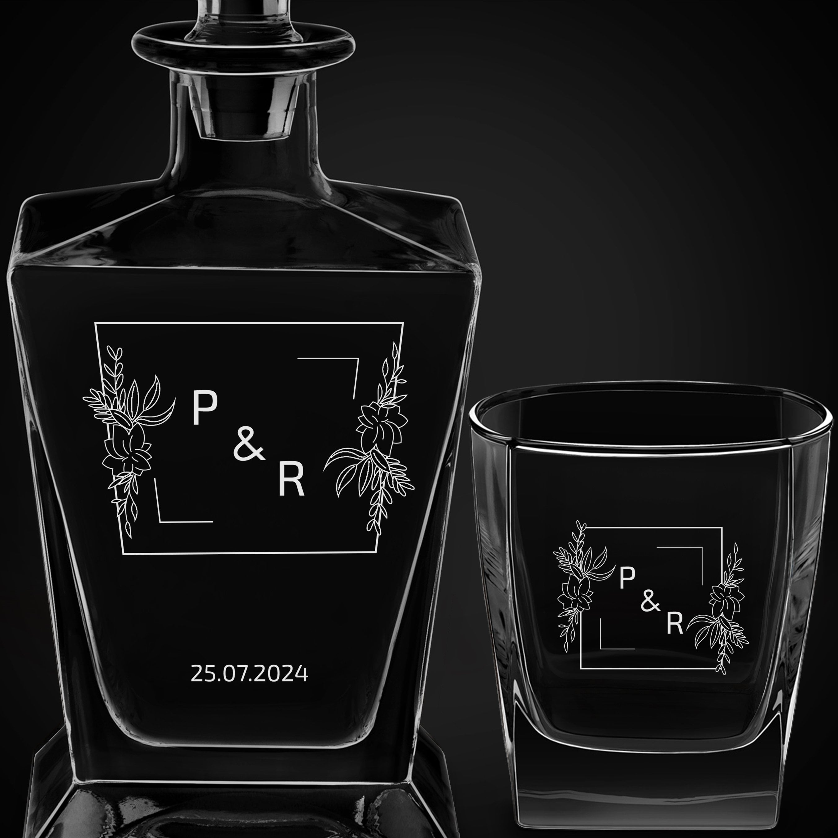 Pyramid Whisky Karaffe mit 6 Gläsern und Gravur für ein Paar zur Hochzeit oder zum Hochzeitsjubiläum