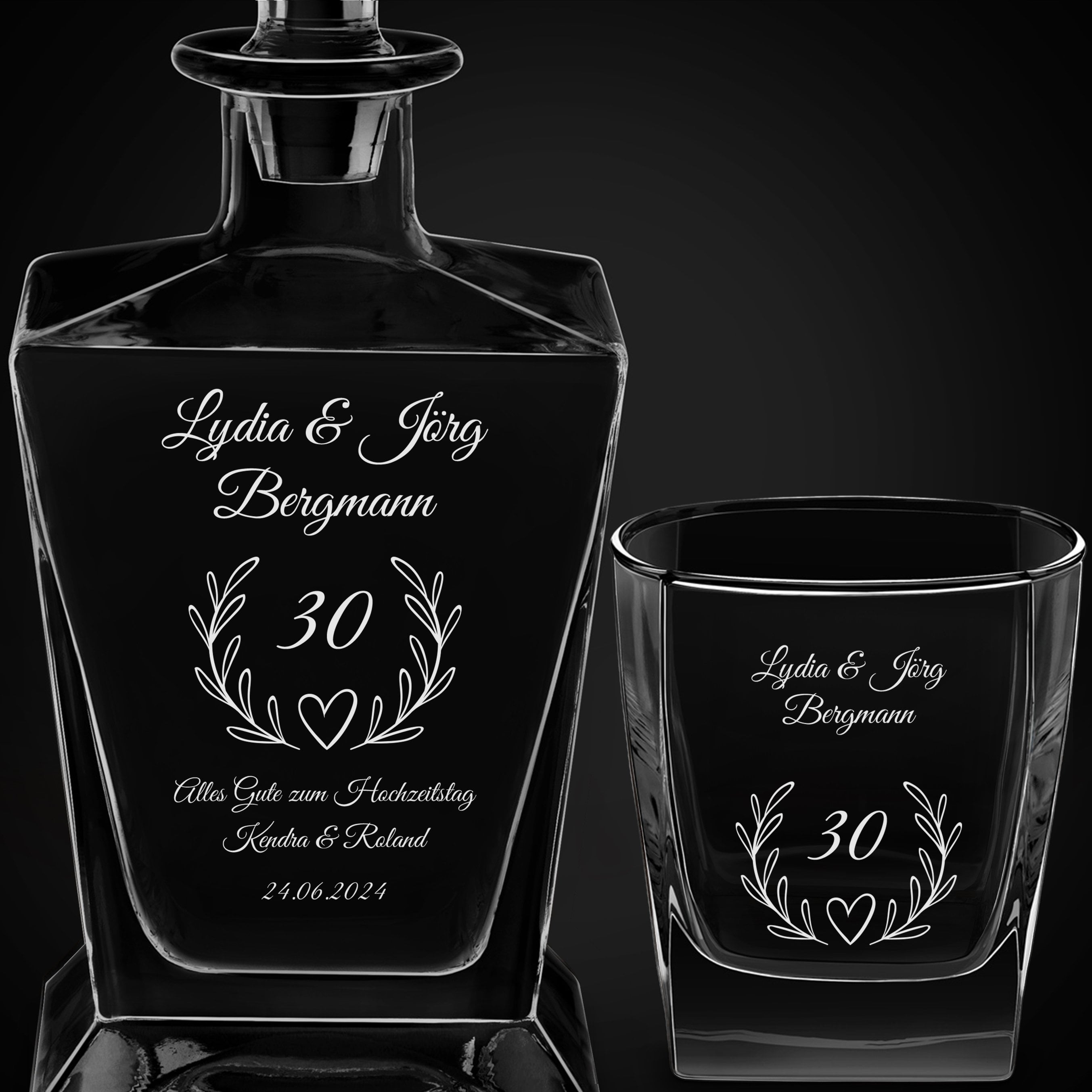 Pyramid Whisky Karaffe mit 6 Gläsern und Gravur für ein Ehepaar zum 30. Hochzeitstag