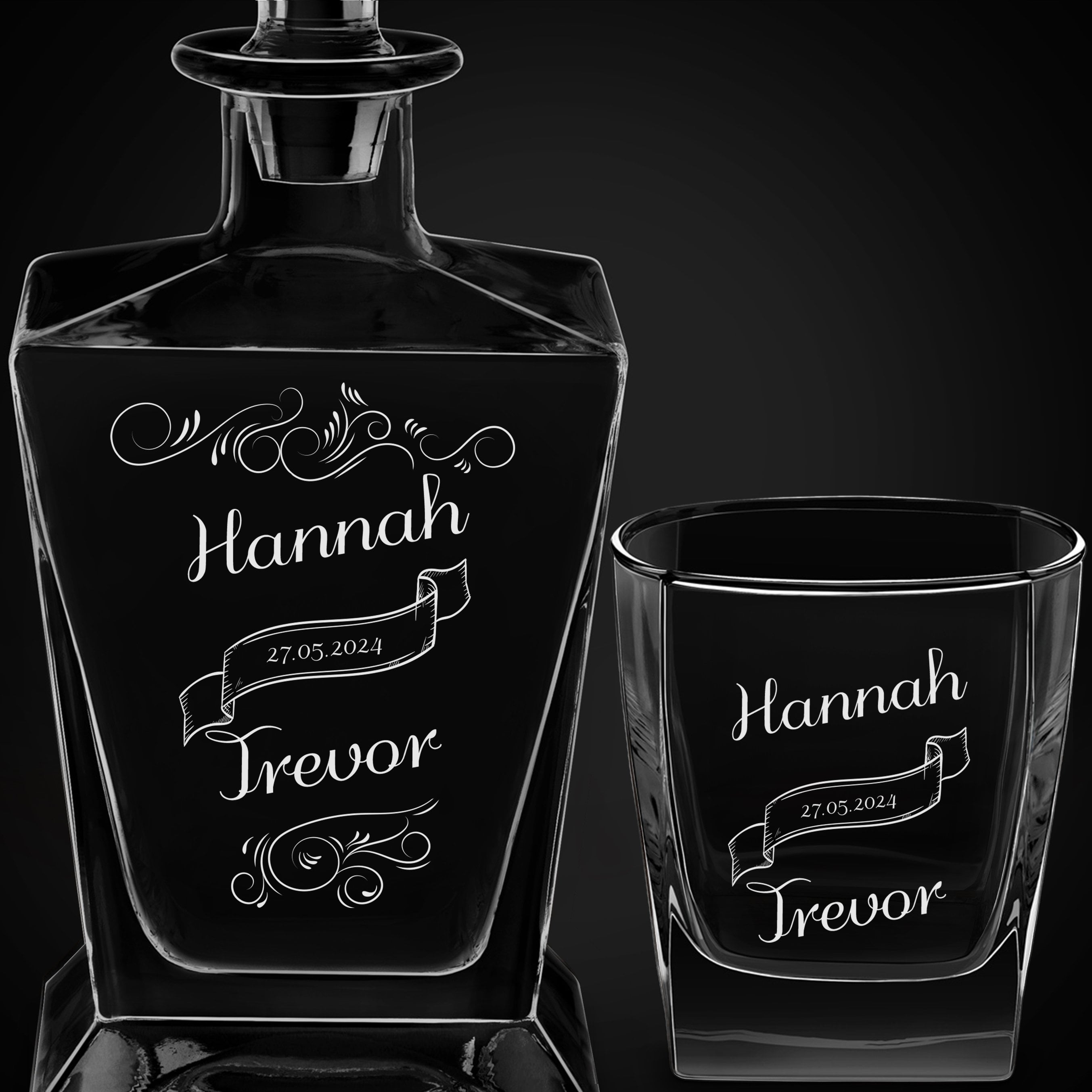 Pyramid Whisky Karaffe mit 6 Gläsern und Gravur zur Hochzeit, Einweihnungsparty, zum Jahrestag