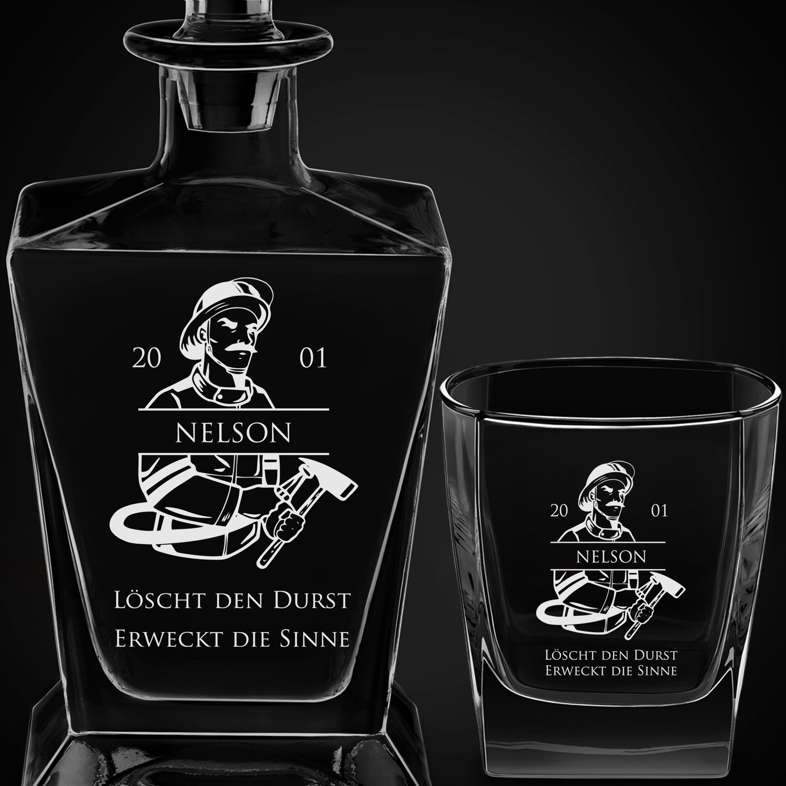 Pyramid Whisky Karaffe mit 6 Gläsern und Gravur für einen Feuerwehrmann zum Geburtstag
