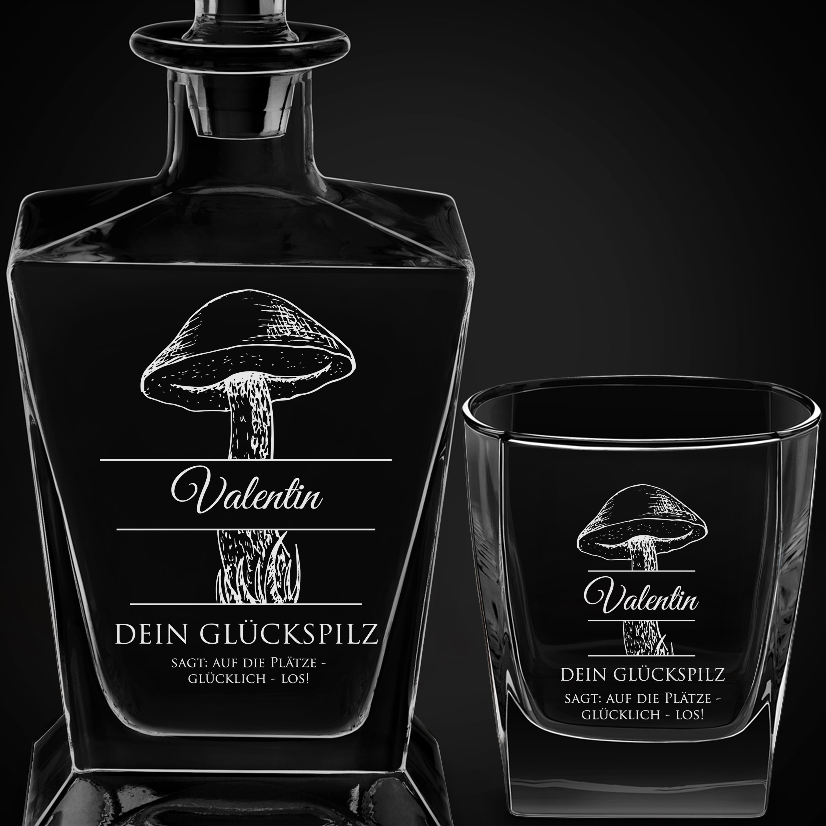 Pyramid Whisky Karaffe mit 6 Gläsern und Gravur für einen Pilzsammler zum Jubiläum