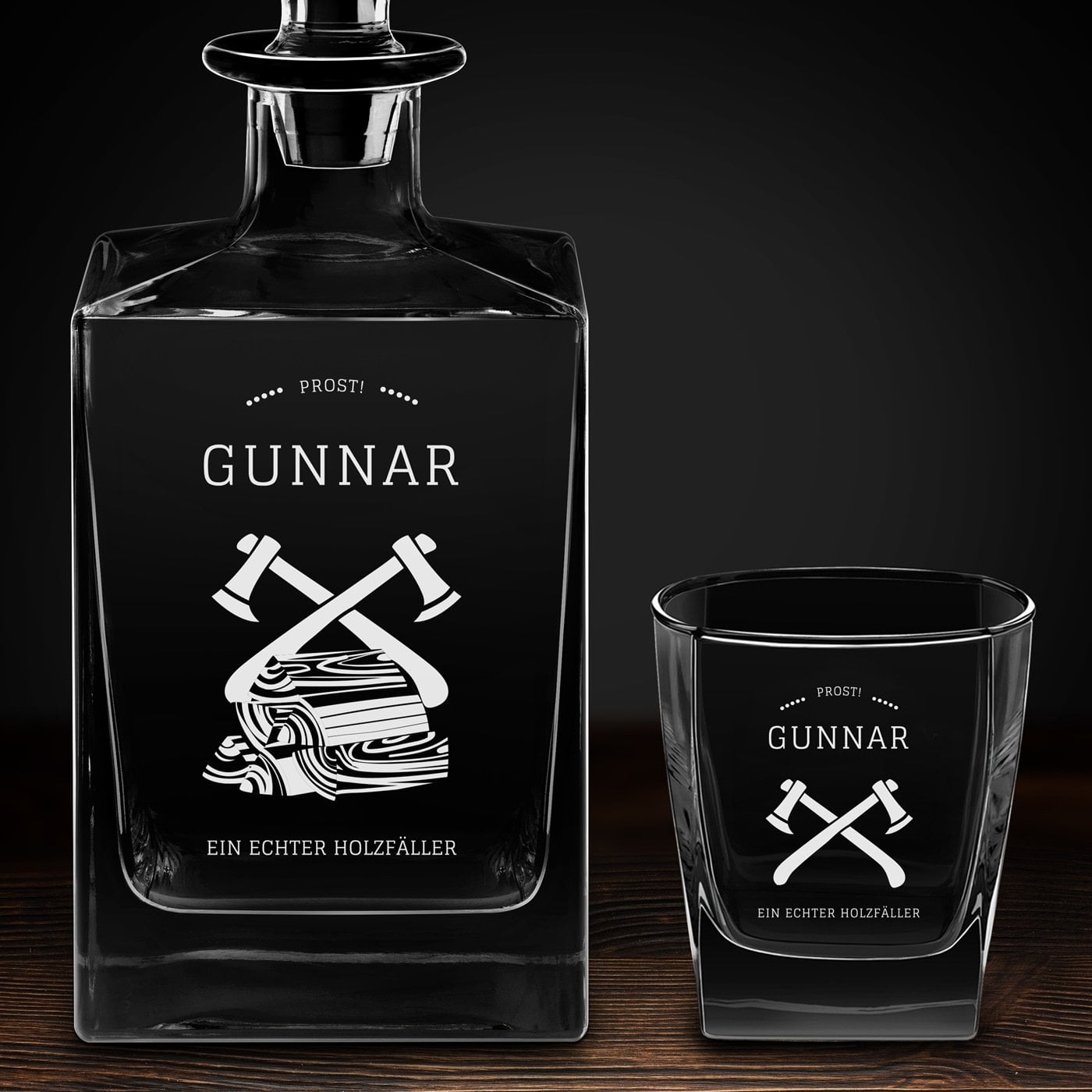 Cube Whisky Karaffe mit 2 Gläsern und Gravur für einen echten Holzfäller