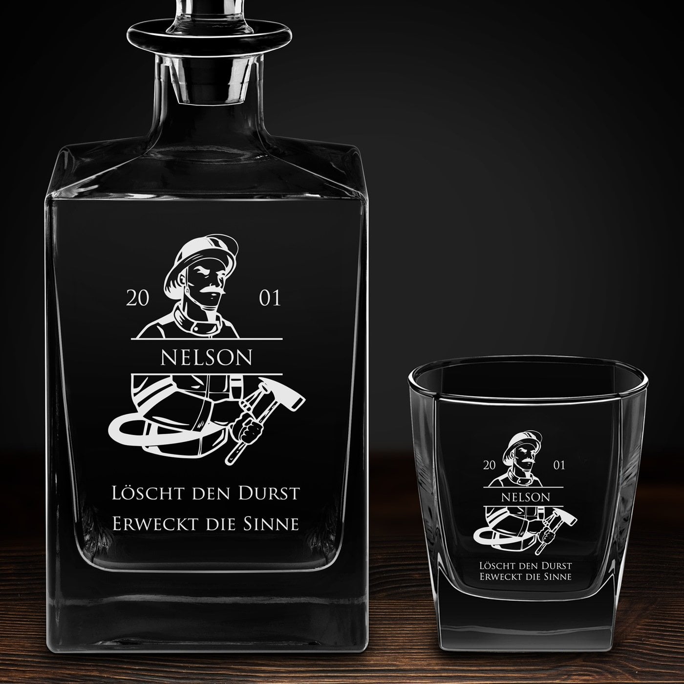 Cube Whisky Karaffe mit 2 Gläsern und Gravur für einen Feuerwehrmann zum Geburtstag