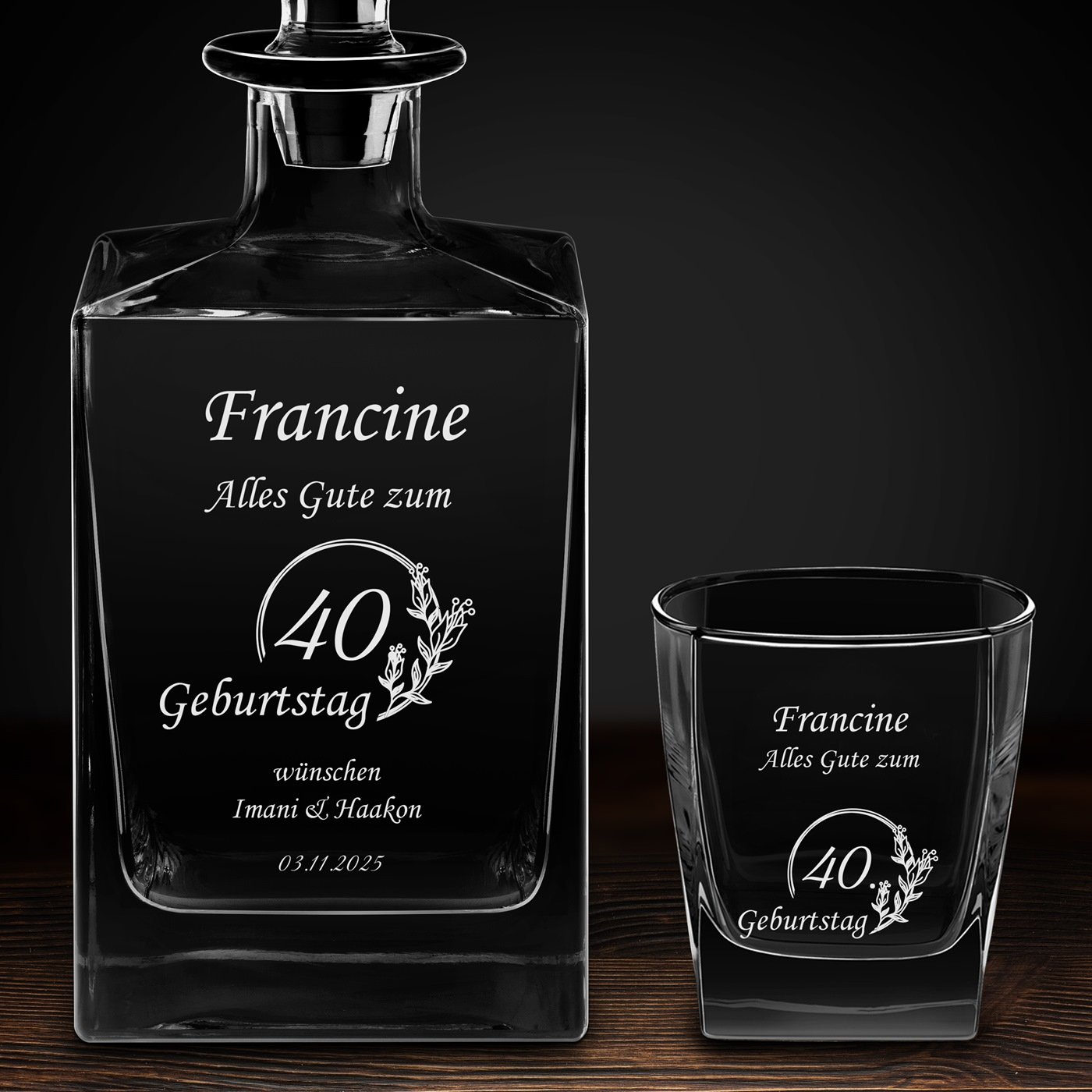 Cube Whisky Karaffe mit 2 Gläsern und Gravur für sie zum 40. Geburtstag