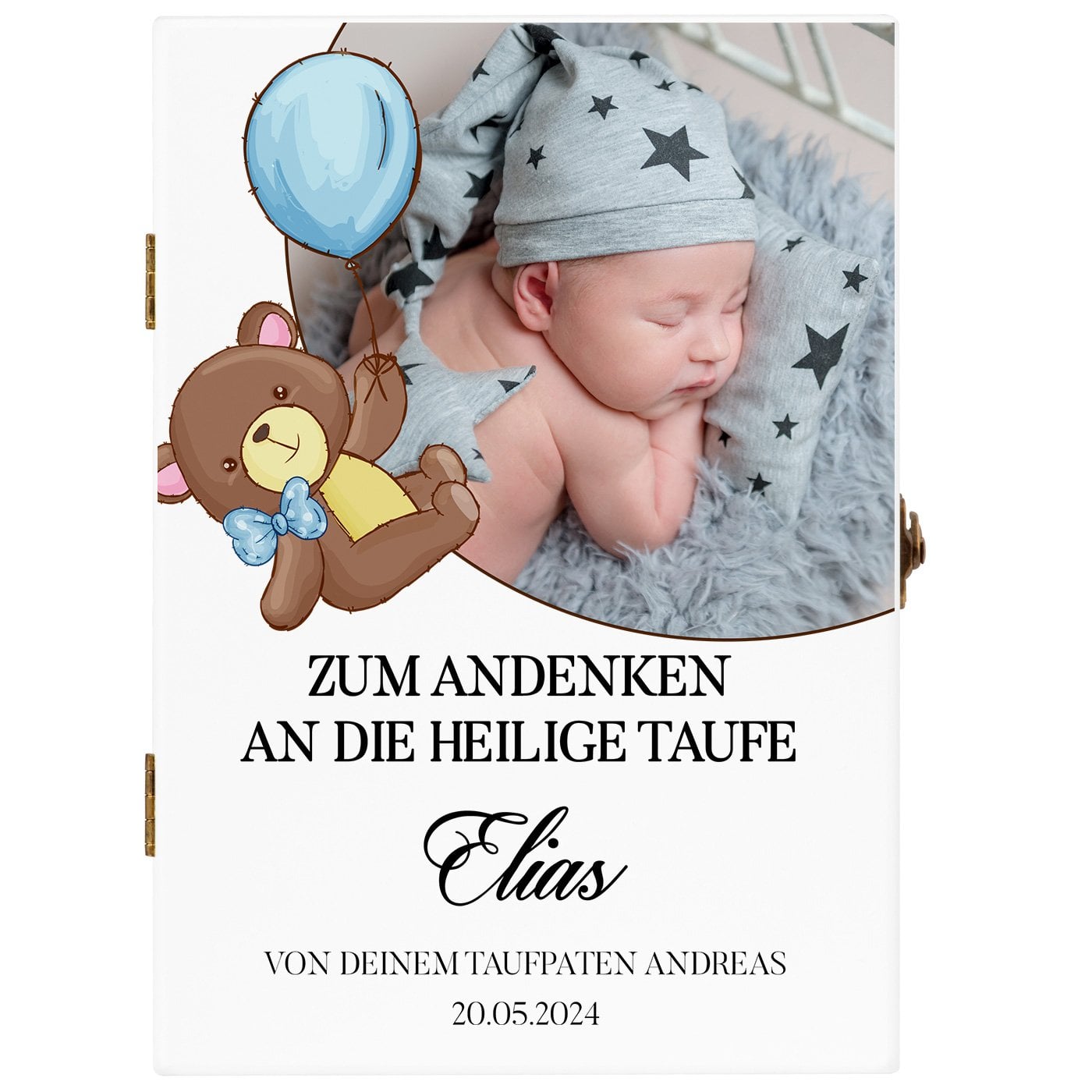 Animal Kinderbesteck mit Gravur inklusive Holzbox mit Aufdruck von eigenem Foto Weiß für einen Jungen zur Taufe Teddybär