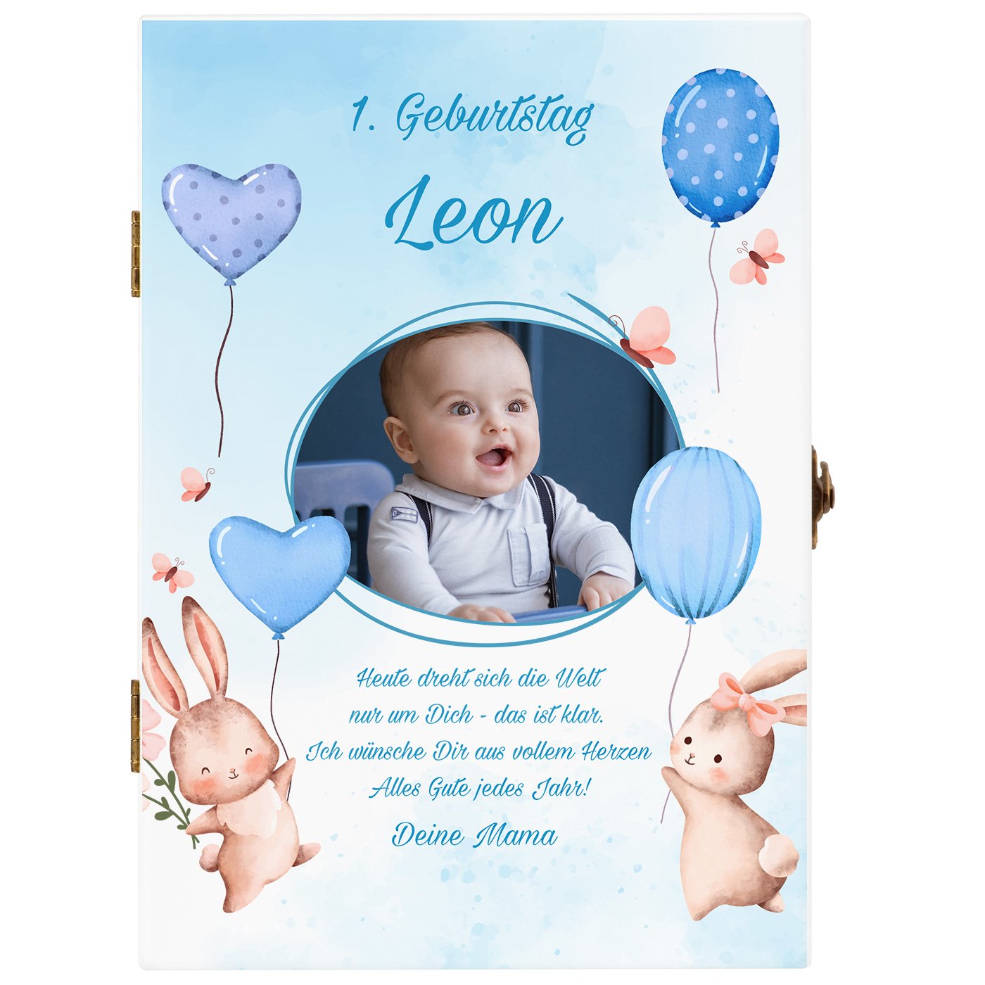 Animal Kinderbesteck mit Gravur inklusive Holzbox mit Aufdruck von eigenem Foto Weiß für einen Jungen zum Geburtstag Luftballons