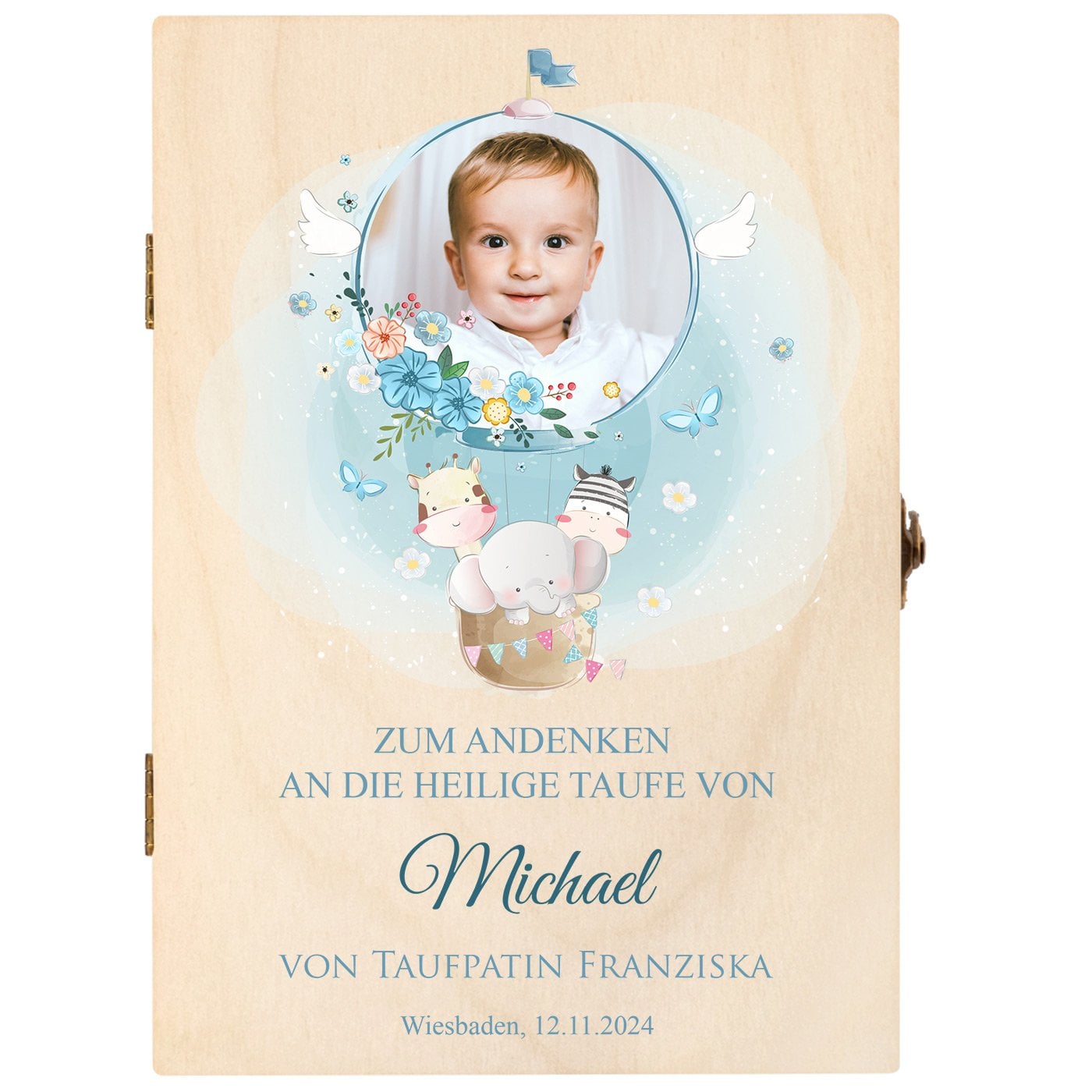 Animal Kinderbesteck mit Gravur inklusive Holzbox mit Aufdruck von eigenem Foto Hellbraun für einen Jungen zur Taufe