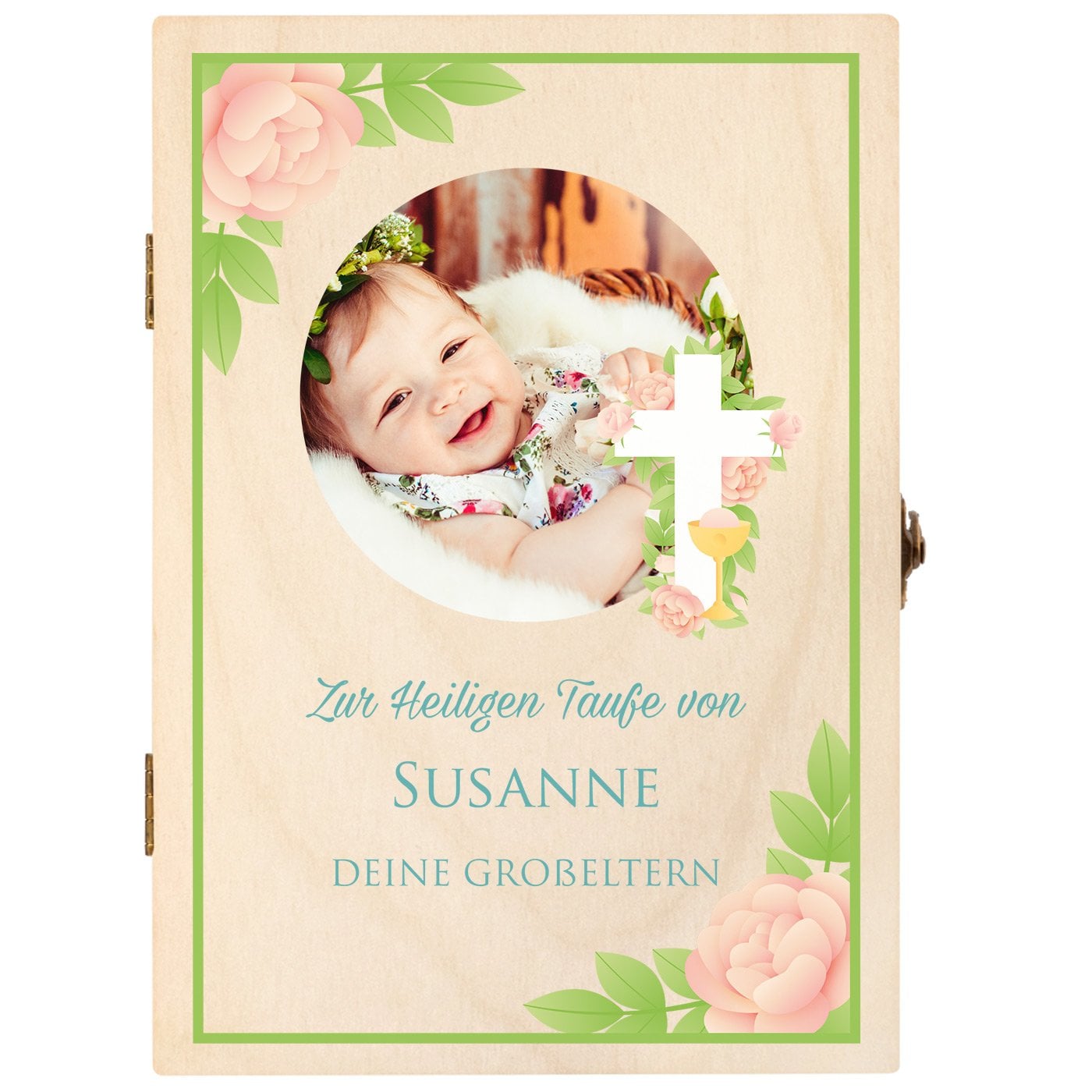 Animal Kinderbesteck mit Gravur inklusive Holzbox mit Aufdruck von eigenem Foto Hellbraun für ein Mädchen zur Taufe Rosen