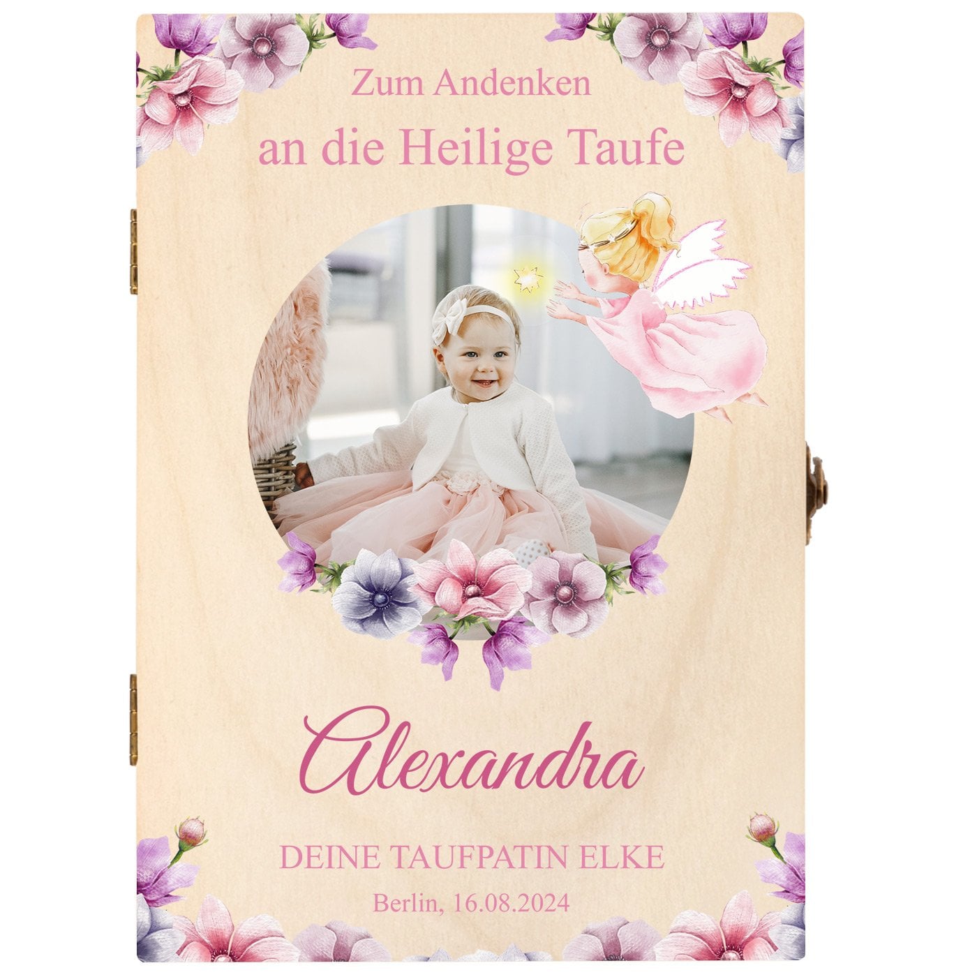 Animal Kinderbesteck mit Gravur inklusive Holzbox mit Aufdruck von eigenem Foto Hellbraun für ein Mädchen zur Taufe Engel