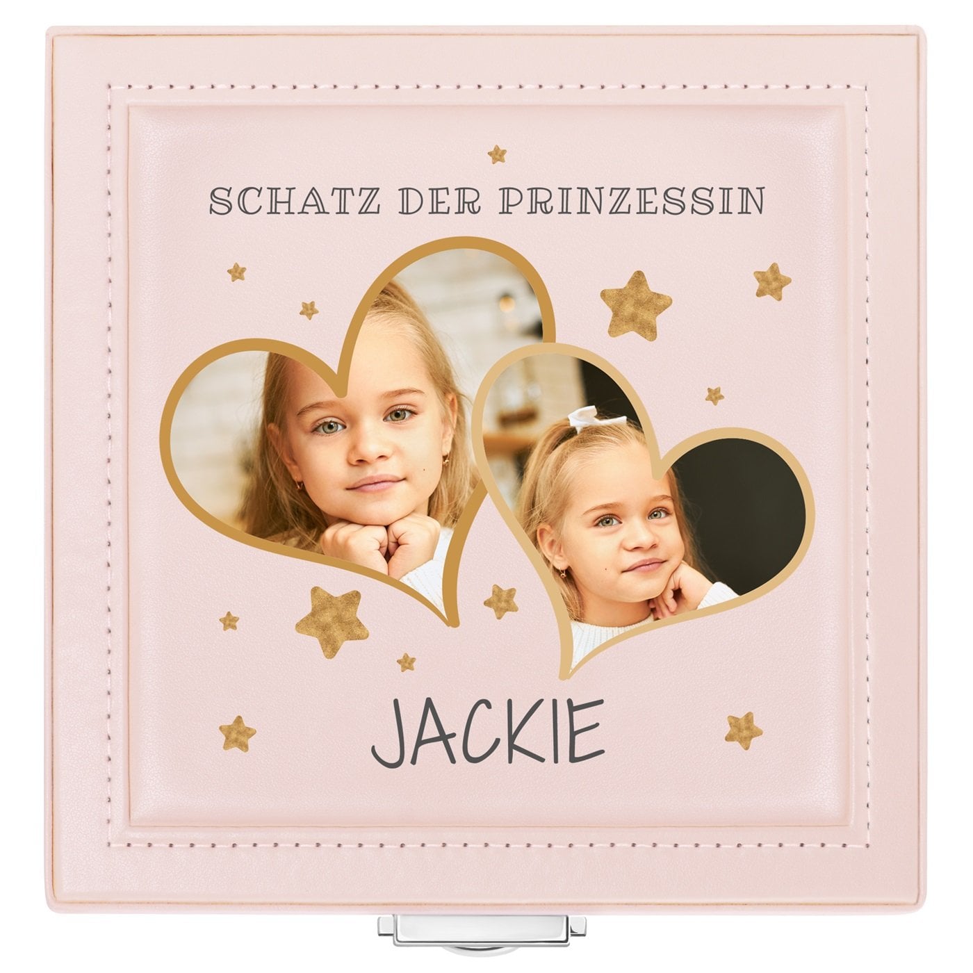 Puderrosa Schmuckkästchen mit Aufdruck und eigenem Cover-Foto für ein kleines Mädchen zum Geburtstag