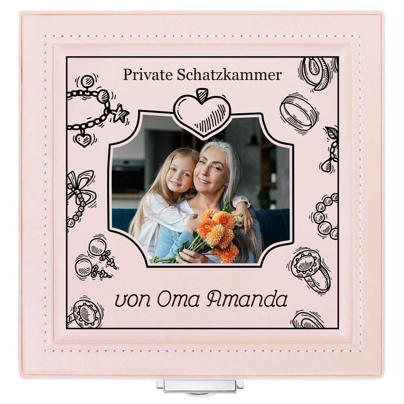 Puderrosa Schmuckkästchen mit Aufdruck und eigenem Cover-Foto für Ihre Oma