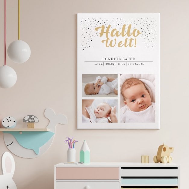Wandbildcollage mit Aufdruck von eigenen Fotos für ein Mädchen Baby zur Geburt Taufe