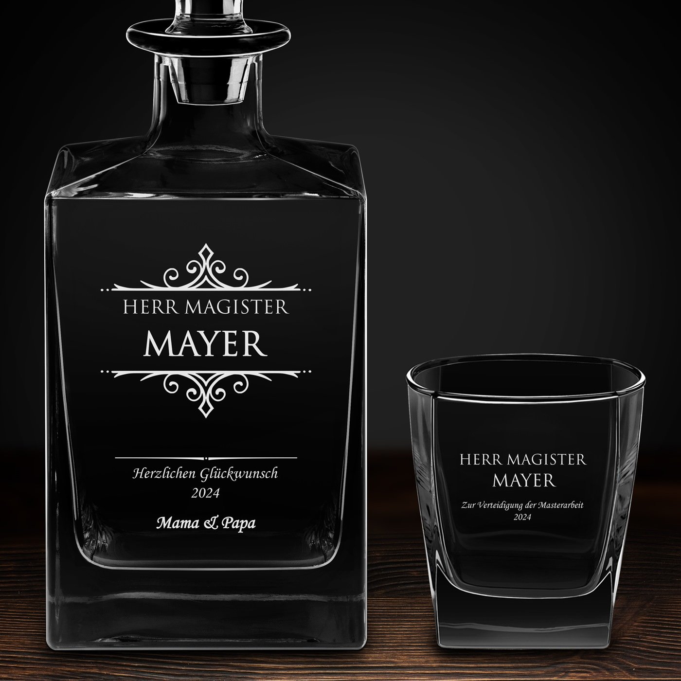 Cube Whisky Karaffe mit 6 Gläsern und Gravur für einen Magister