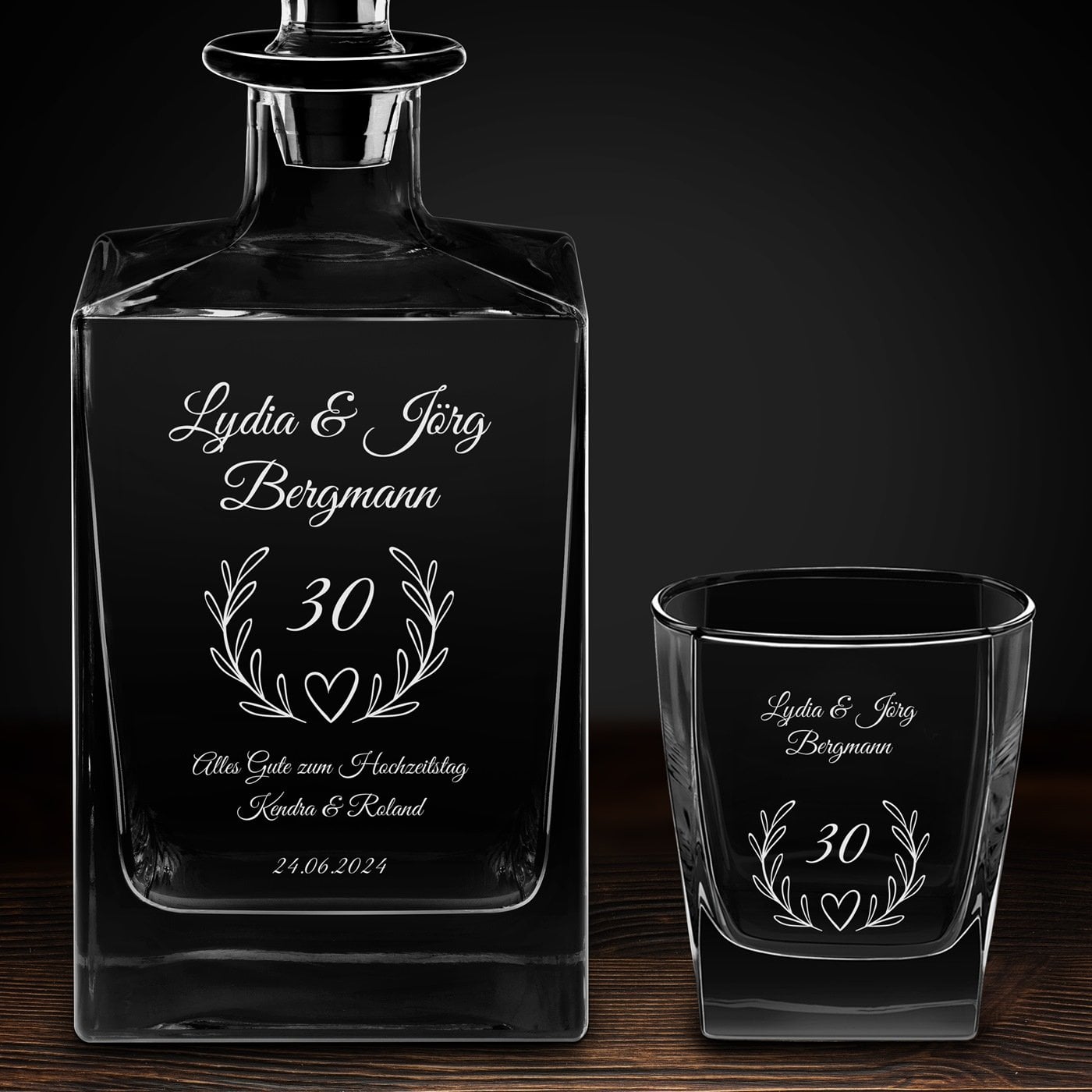 Cube Whisky Karaffe mit 6 Gläsern und Gravur für ein Paar zum 30. Hochzeitstag