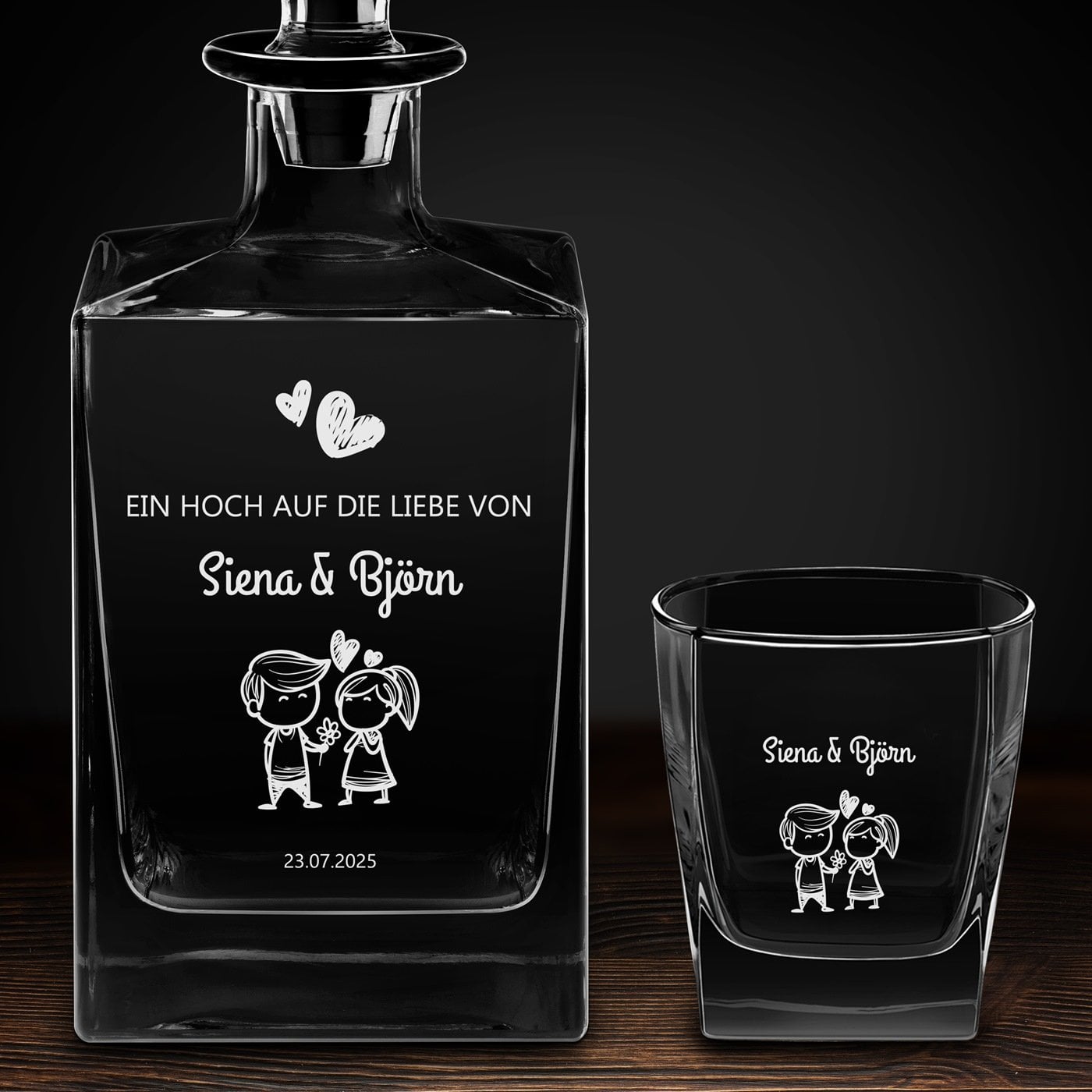Cube Whisky Karaffe mit 6 Gläsern und Gravur für ein Paar zur Einweihungsparty, Hochzeit oder zum Hochzeitsjubiläum