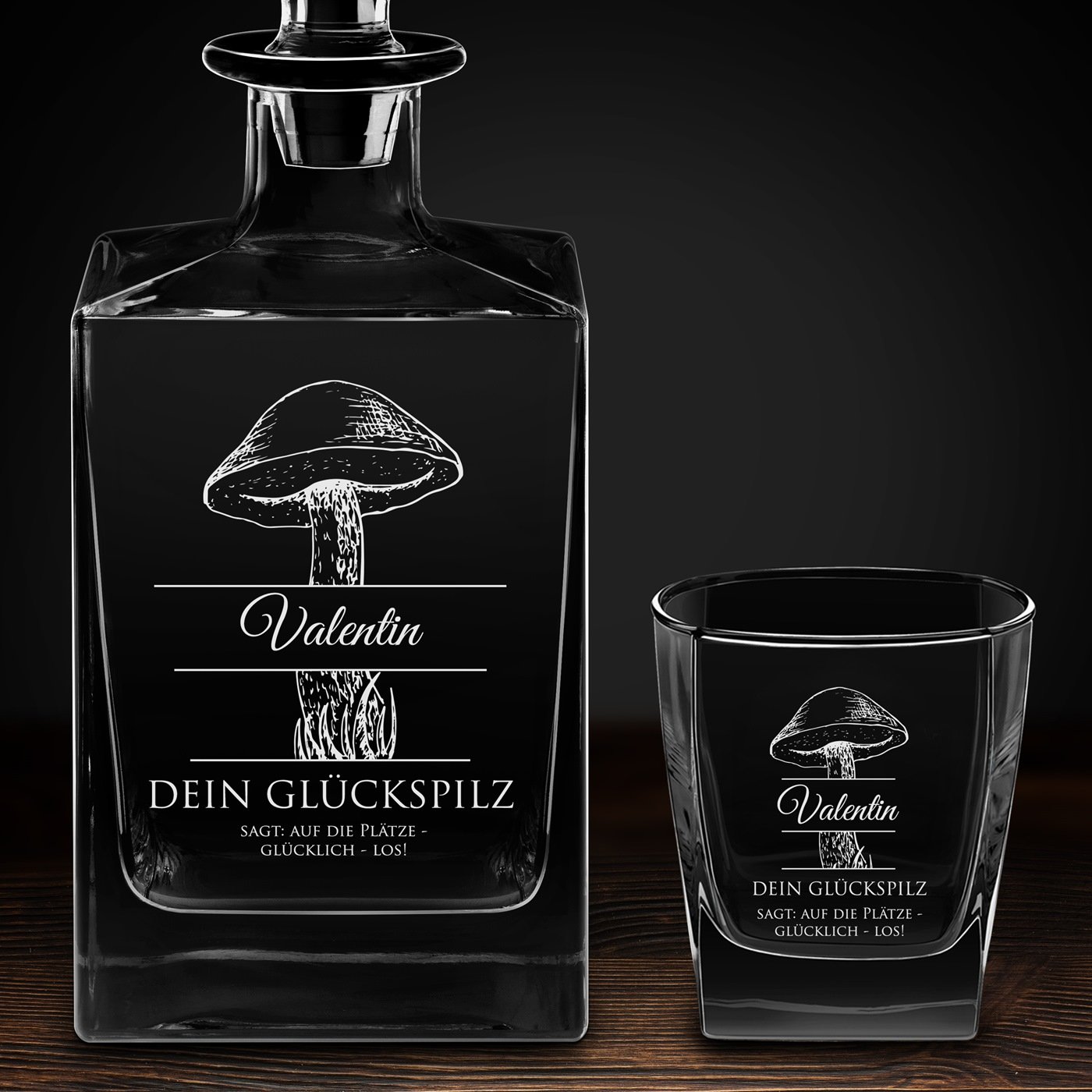 Cube Whisky Karaffe mit 6 Gläsern und Gravur für einen Pilzsammler zum Jubiläum