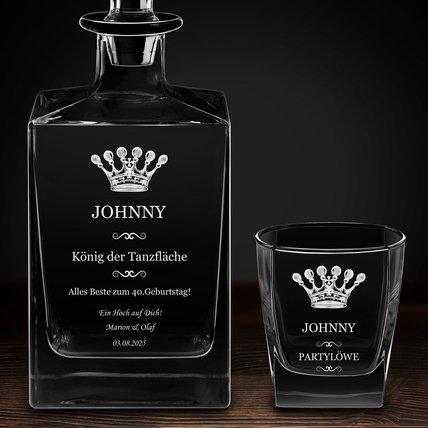 Cube Whisky Karaffe mit 6 Gläsern und Gravur für einen Tänzer zum 40. Geburtstag