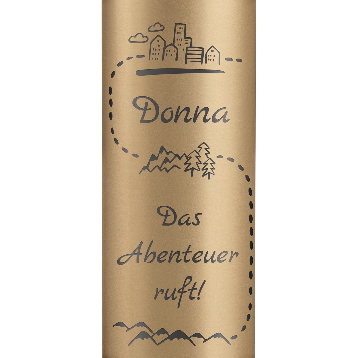 Auslaufsichere Thermosflasche mit Gravur Gold 400 ml für eine Weltenbummlerin, Bergliebhaberin, Kaffeegenießerin zum Geburtstag