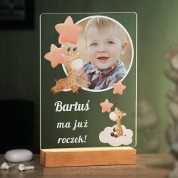 Beleuchteter LED-Rahmen mit eigenen Fotos und Holzständer Größe XL für einen Jungen zum 1. Geburtstag