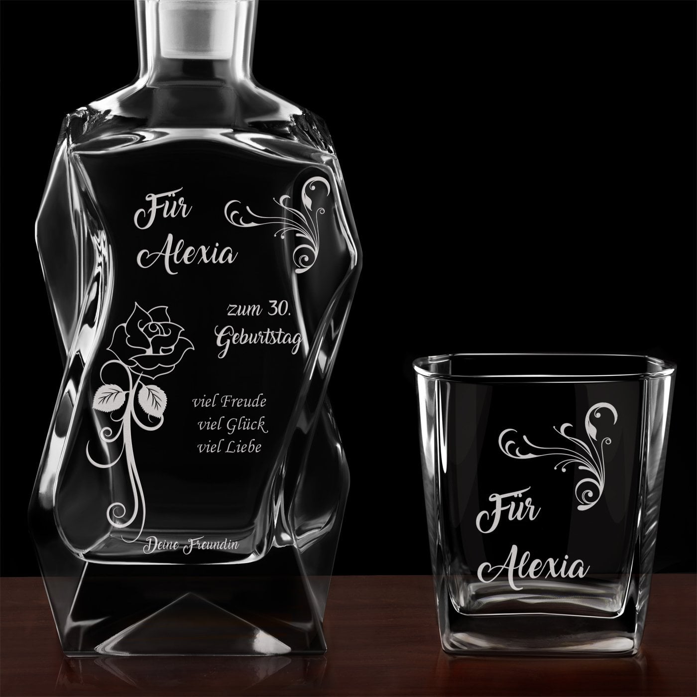 Moderne Whisky Karaffe mit 6 Gläsern und Gravur für sie zum 30. Geburtstag