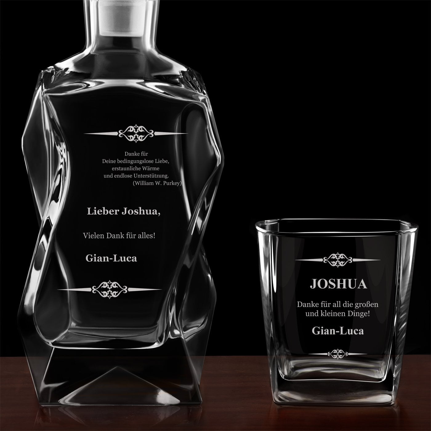 Moderne Whisky Karaffe mit 4 Gläsern und Gravur für einen Whiskykenner