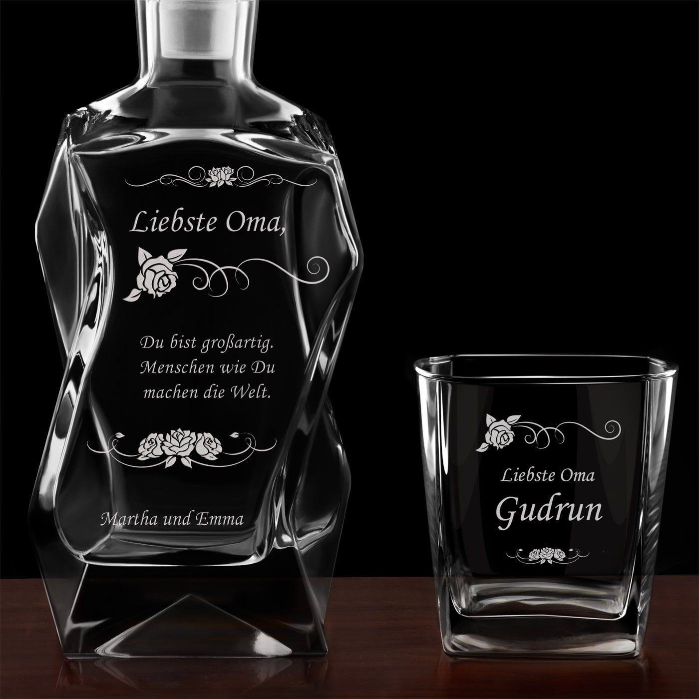 Moderne Whisky Karaffe mit 4 Gläsern und Gravur für Ihre Oma