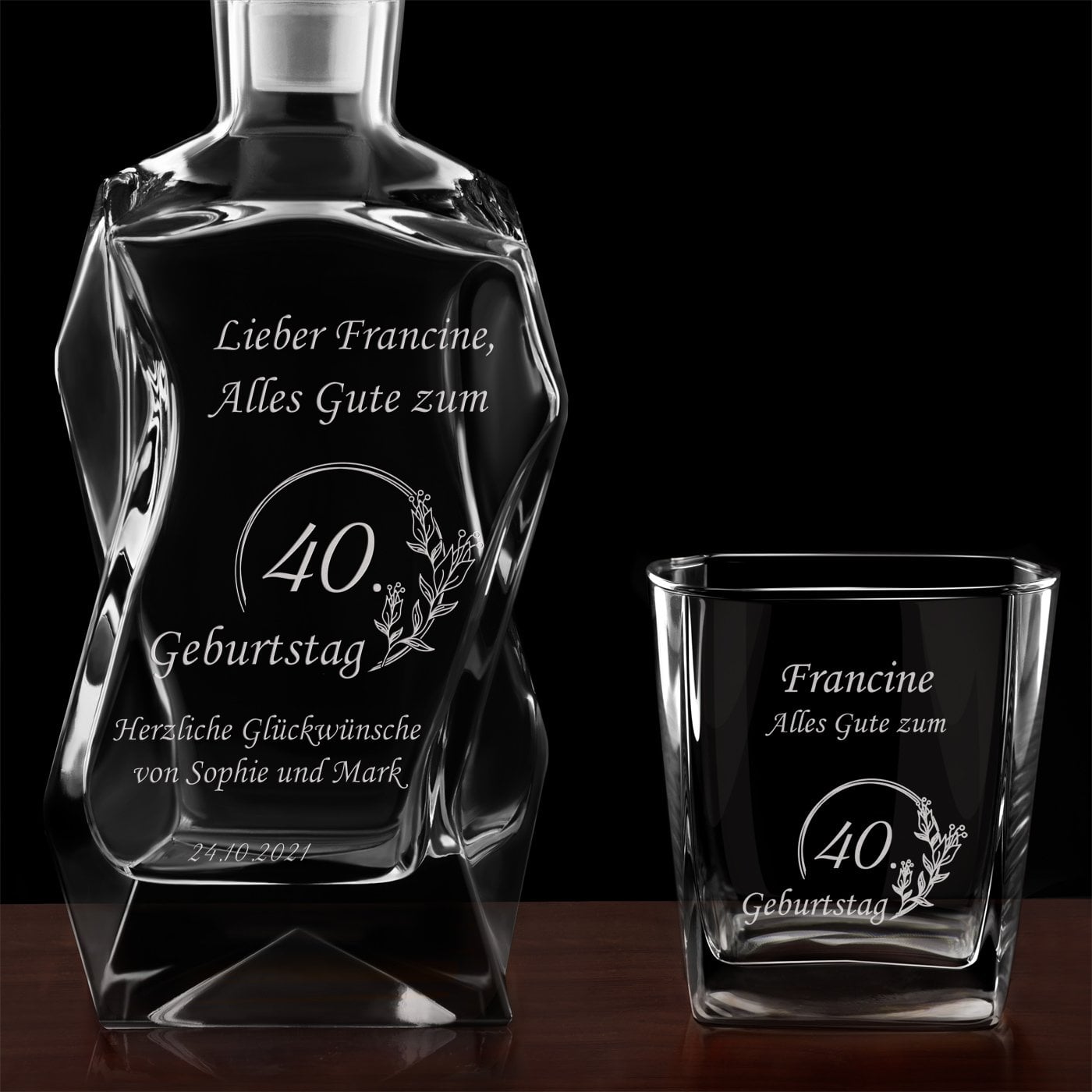 Moderne Whisky Karaffe mit 2 Gläsern und Gravur für sie zum 40. Geburtstag