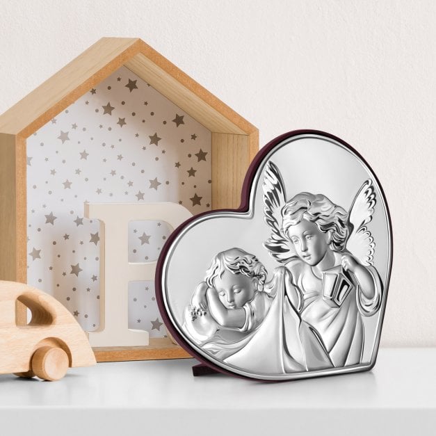 Silberbild Schutzengel in Herzform mit Gravur für ein Kind zum Andenken an die Heiligen Taufe