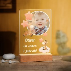 Beleuchteter LED-Rahmen mit eigenen Fotos und Holzständer Größe L für einen Jungen zum 1. Geburtstag