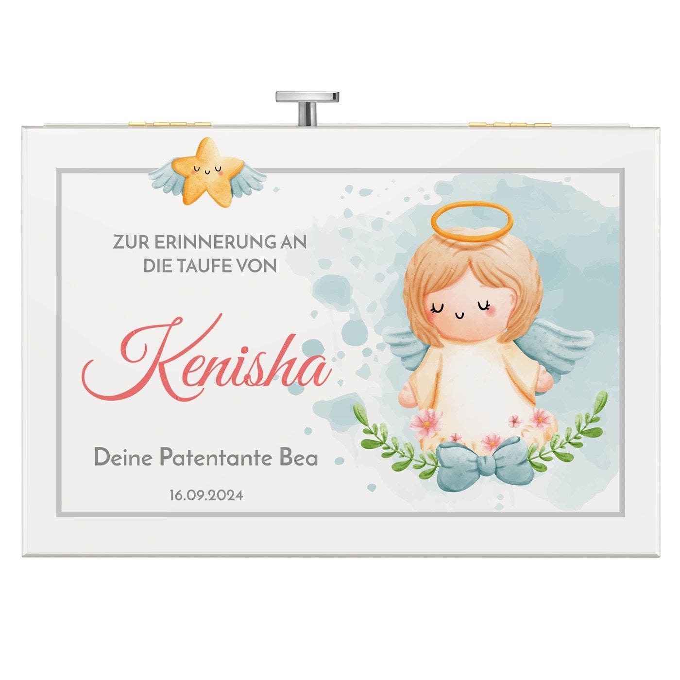 Jewelkeeper mit Ballerina-Spieldose und Aufdruck für ein Mädchen zur Taufe Engelchen