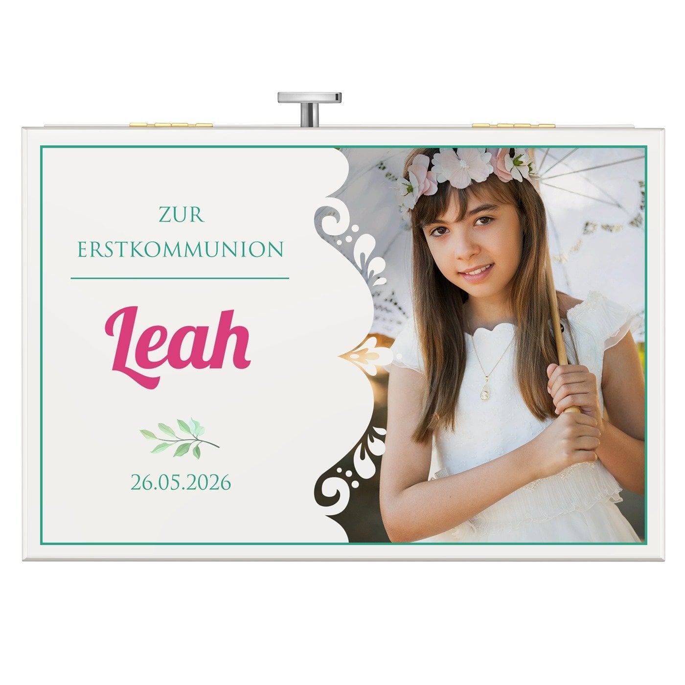 Jewelkeeper mit Ballerina-Spieldose und Aufdruck von eigenem Foto für ein Mädchen zur Erstkommunion