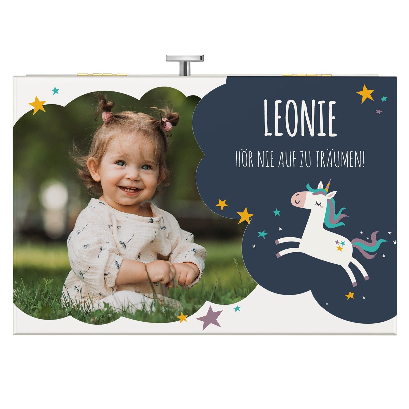 Jewelkeeper mit Ballerina-Spieldose und Aufdruck von eigenem Foto für ein Mädchen zum Geburtstag Einhorn