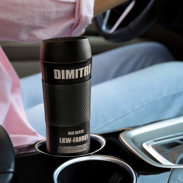 Rutschfester Thermobecher mit Gravur für einen Berufskraftfahrer zur bestandenen Führerscheinprüfung