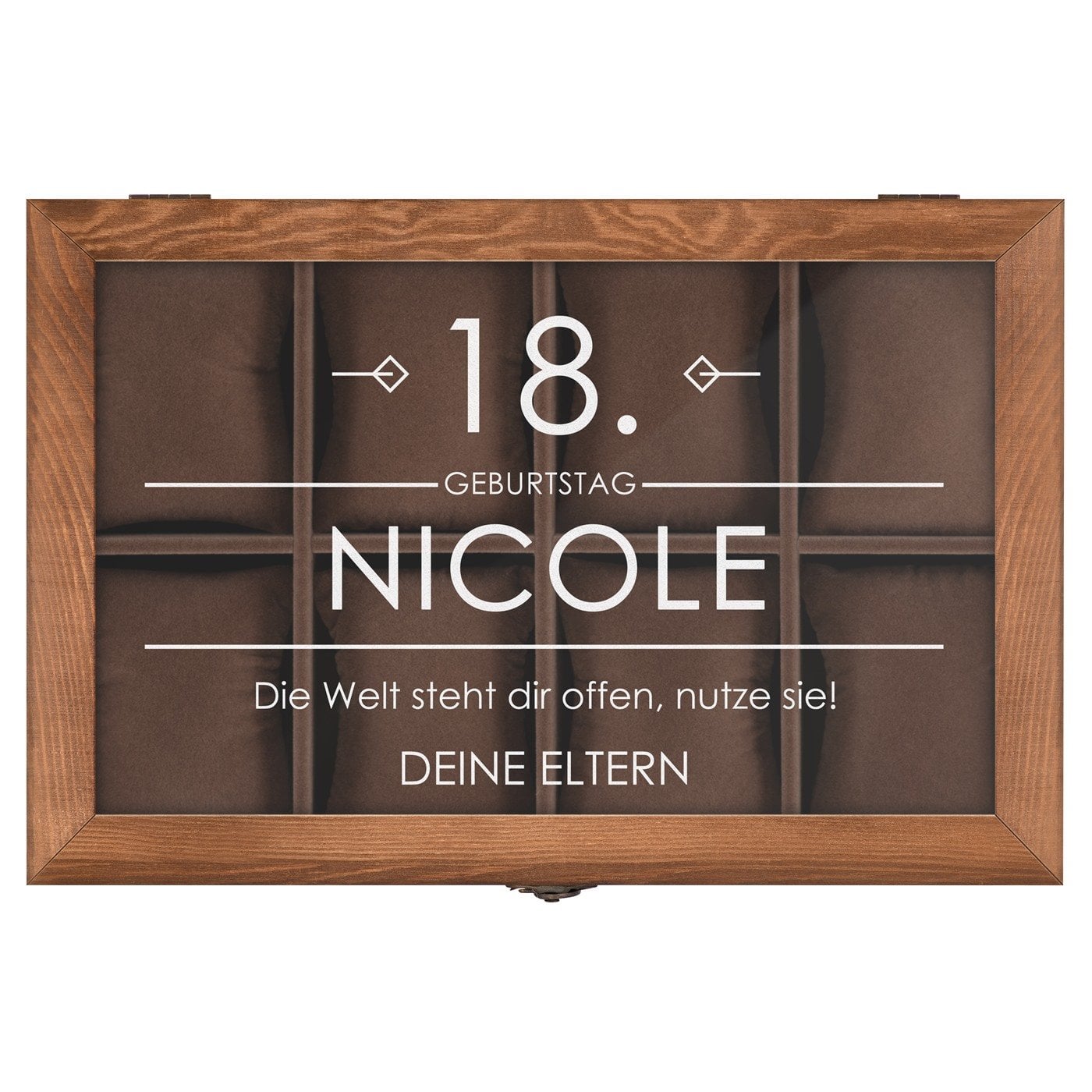 Holzschatulle für Schmuck und Uhren mit Gravur für sie zum 18. Geburtstag