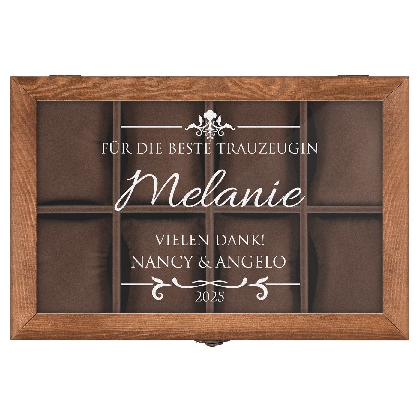 Holzschatulle für Schmuck und Uhren mit Gravur für Ihre Trauzeugin als Hochzeitsdankeschön