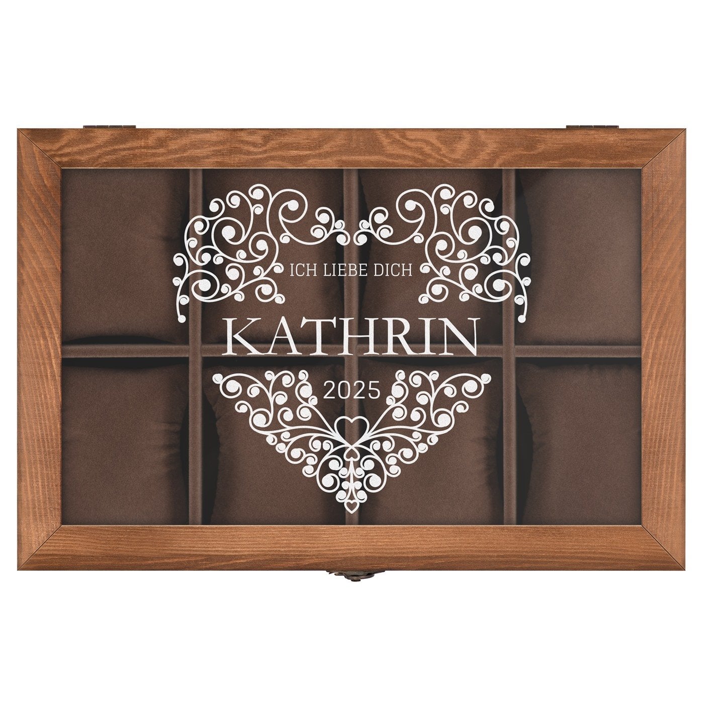 Holzschatulle für Schmuck und Uhren mit Gravur für sie zum Valentinstag Herz