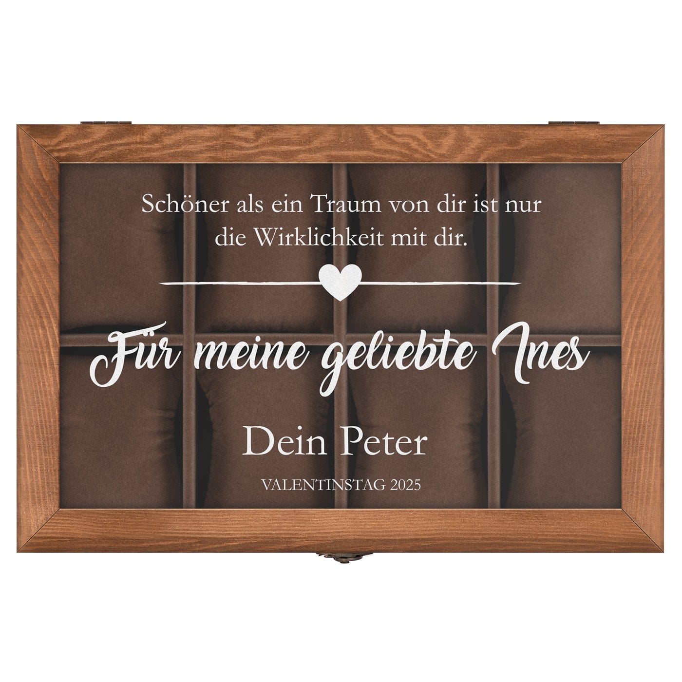 Holzschatulle für Schmuck und Uhren mit Gravur für sie zum Valentinstag